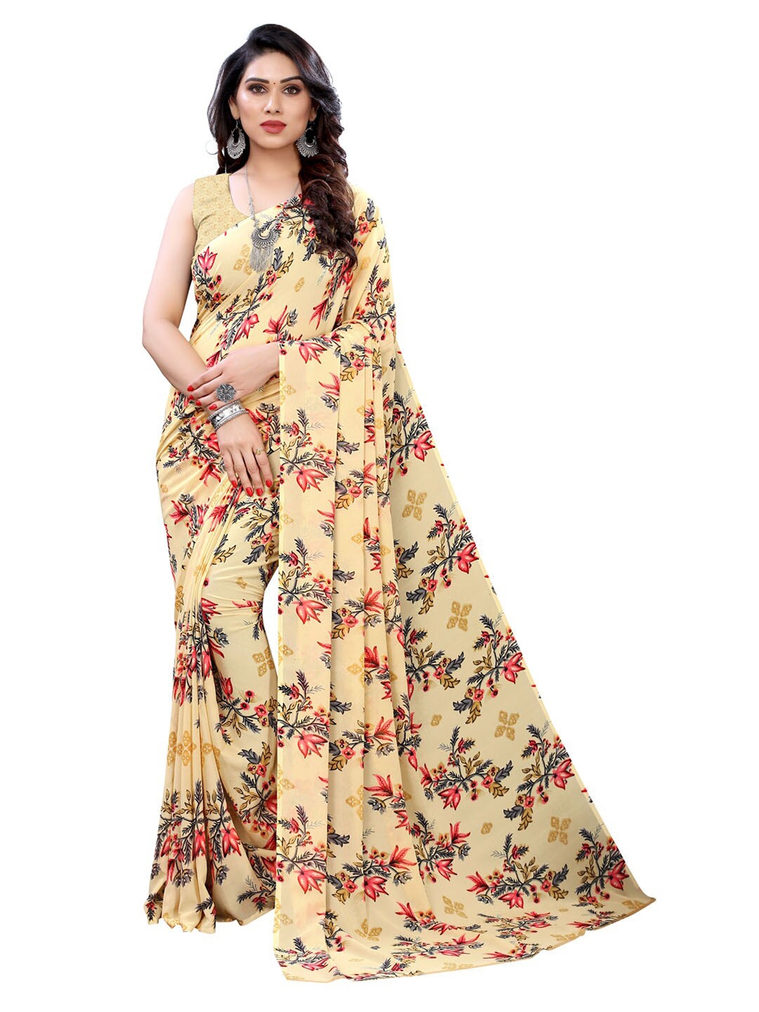 

KALINI Cream & Pink Floral Pure Georgette Saree