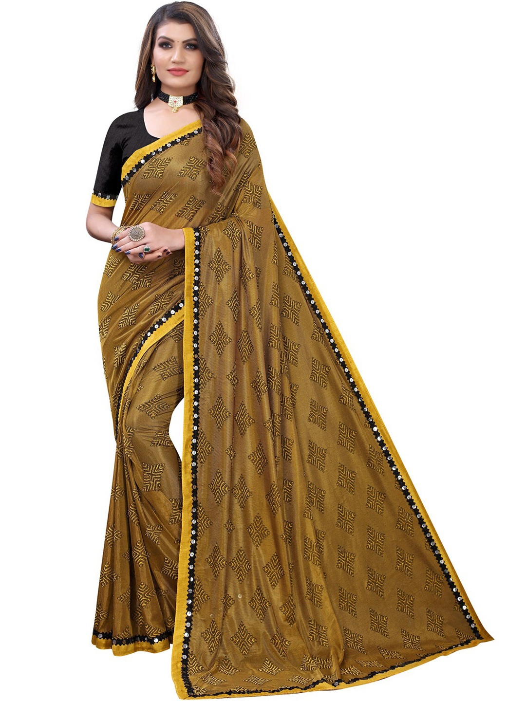 

KALINI Brown & Black Embellished Silk Blend Saree