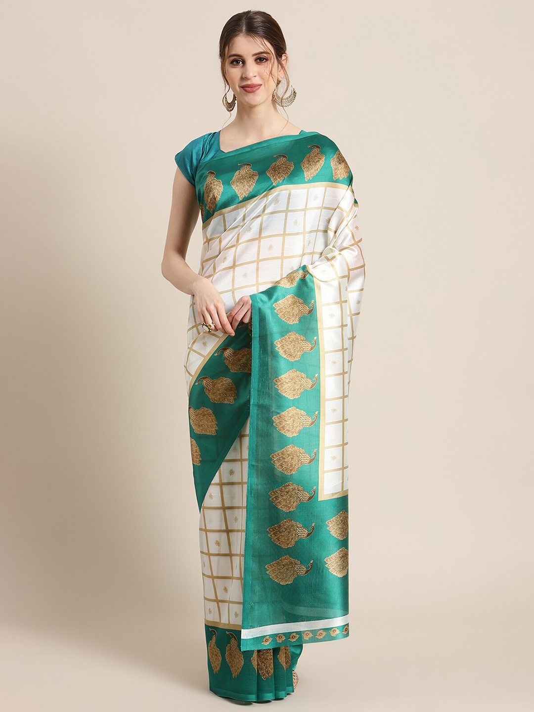 

KSUT White & Green Ethnic Motifs Zari Art Silk Mysore Silk Saree