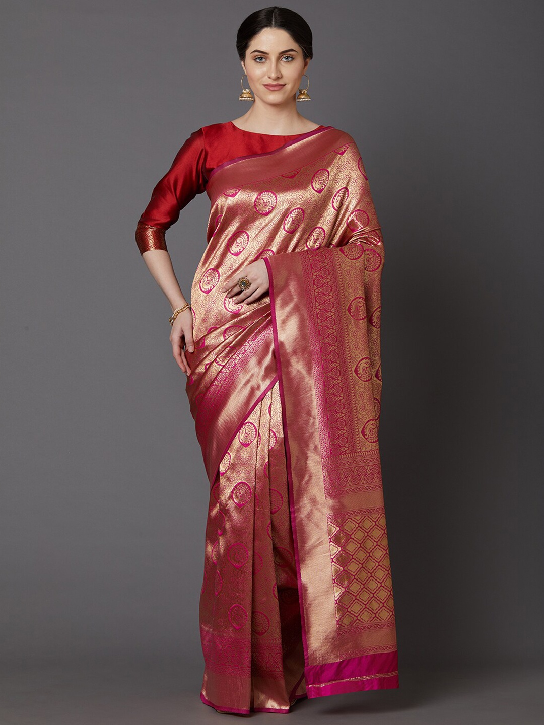 

Mitera Maroon & Pink Woven Design Silk Blend Banarasi Saree