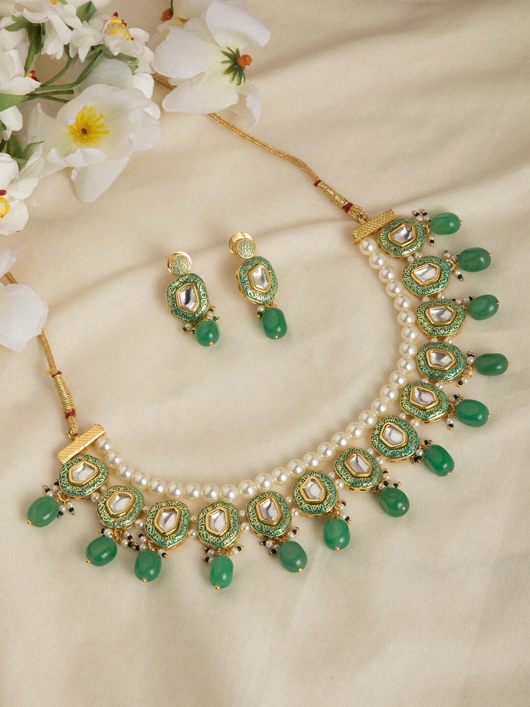 

INDYA Green & White Kundan Pearl Layered Jewellery Set