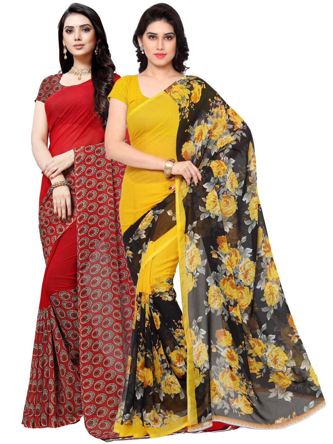 

ANAND SAREES Pack Of 2 Yellow & Maroon Floral Sarees