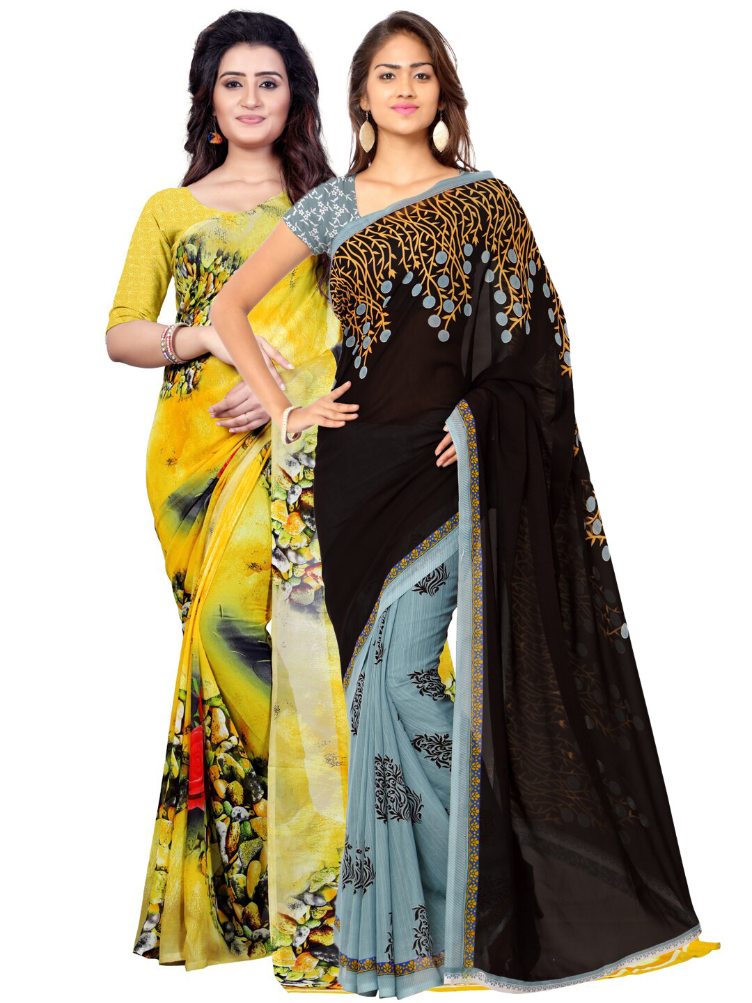 

ANAND SAREES Pack Of 2 Yellow & Grey Floral Sarees