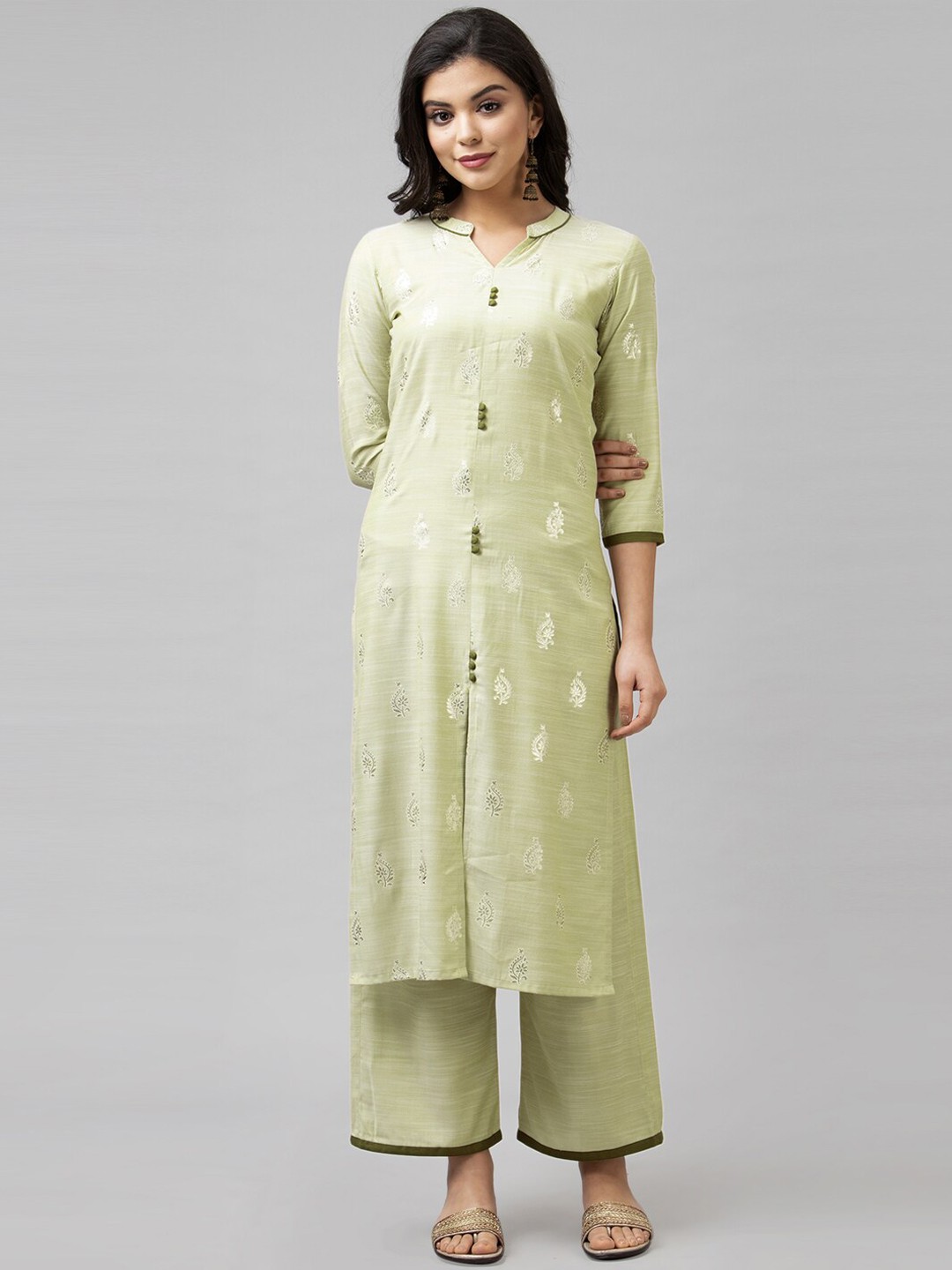 

SANISA Women Green Ethnic Motifs Embroidered Panelled Kurta with Palazzos