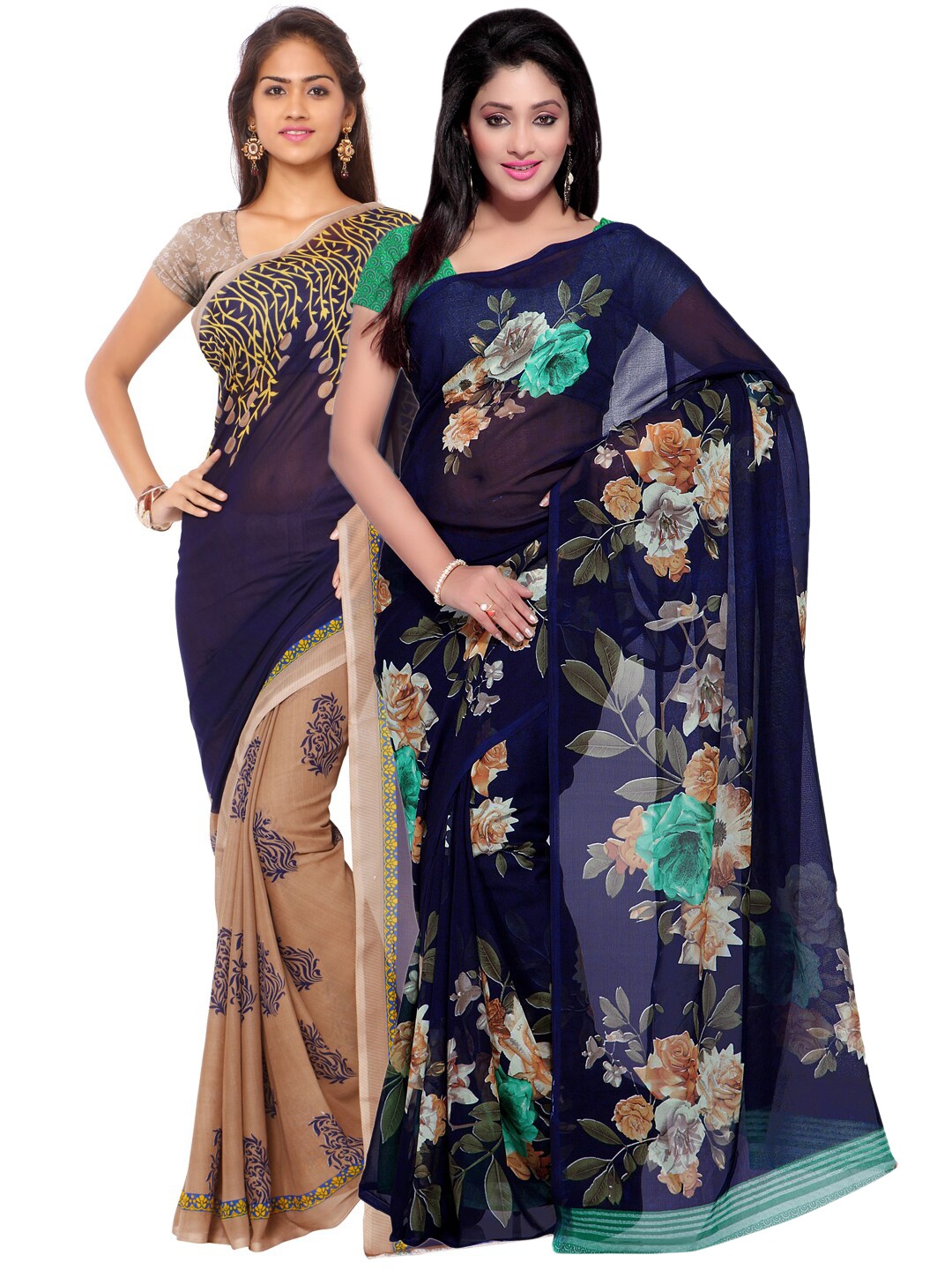 

ANAND SAREES Pack Of 2 Blue & Beige Floral Saree
