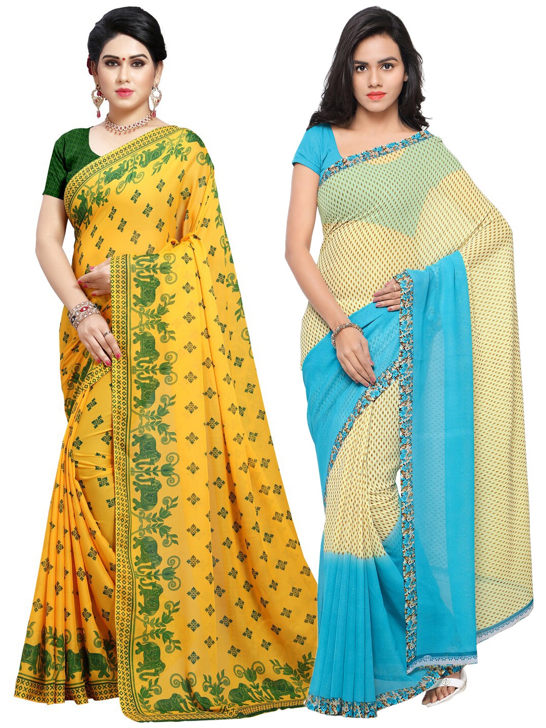 

ANAND SAREES Pack of 2 Ethnic Motifs Poly Georgette Saree, Yellow