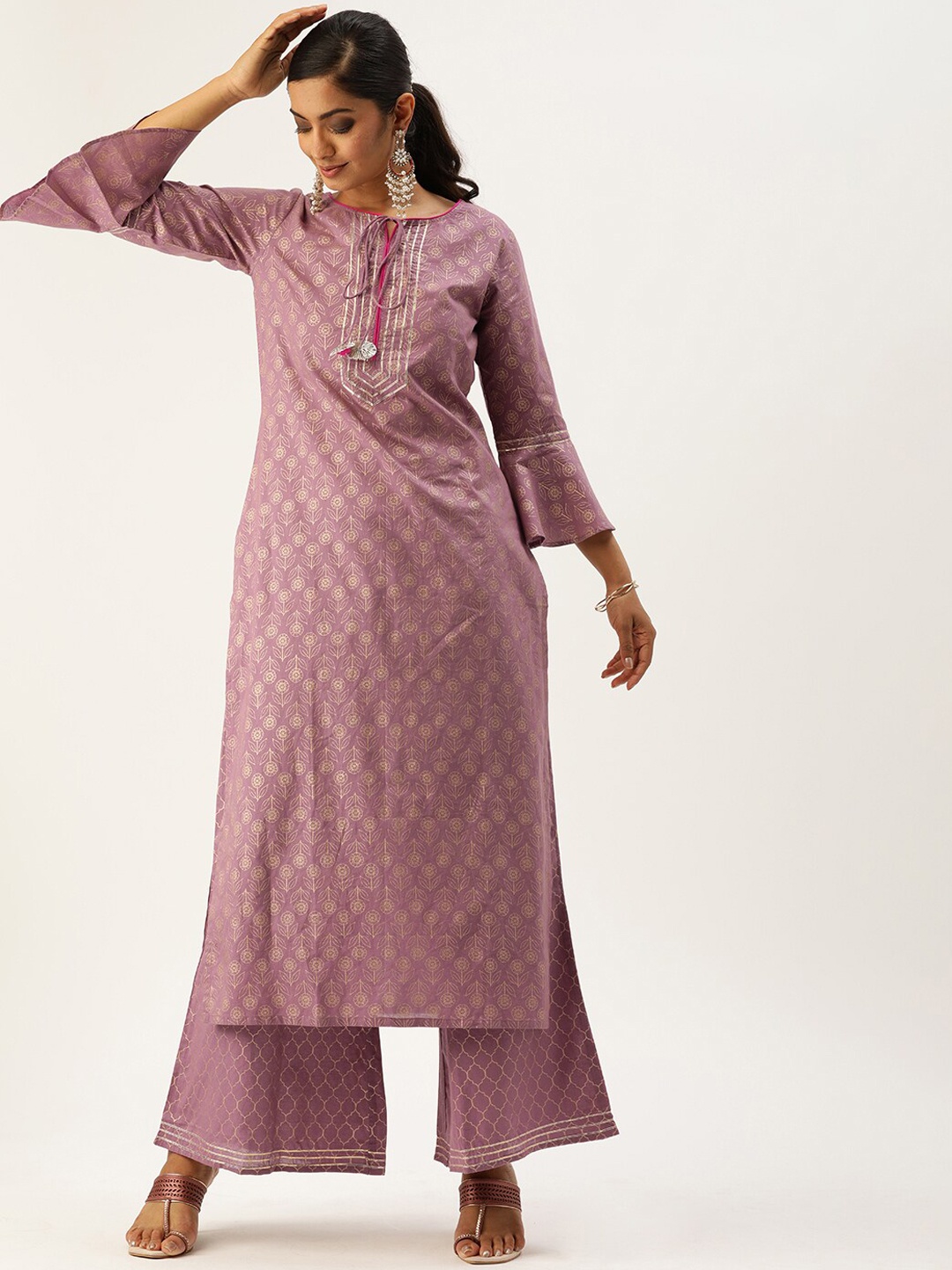 

Varanga Women Mauve Ethnic Motifs Pure Cotton Kurta with Palazzos