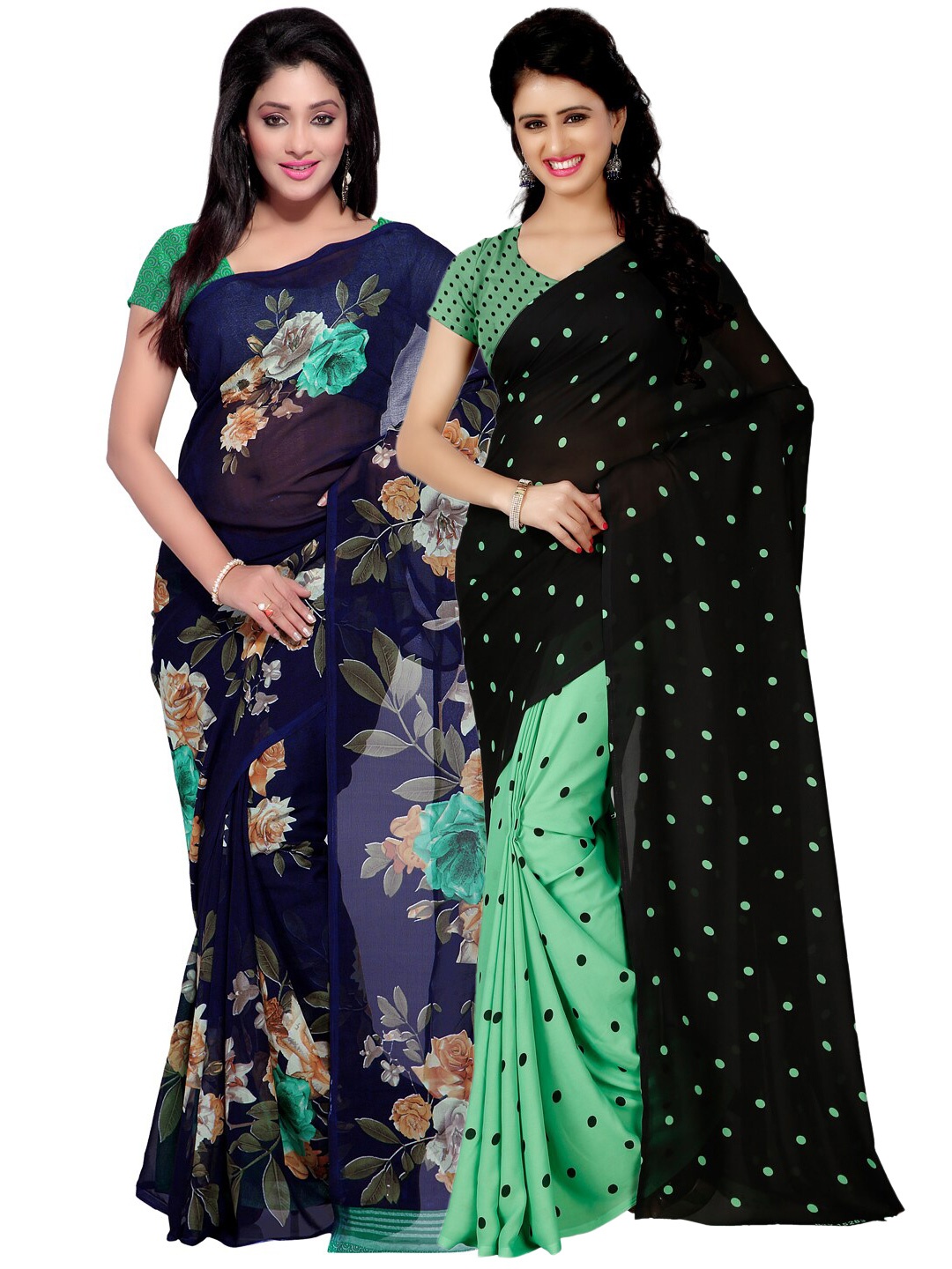 

ANAND SAREES Pack of 2 Floral Poly Georgette Sarees, Black