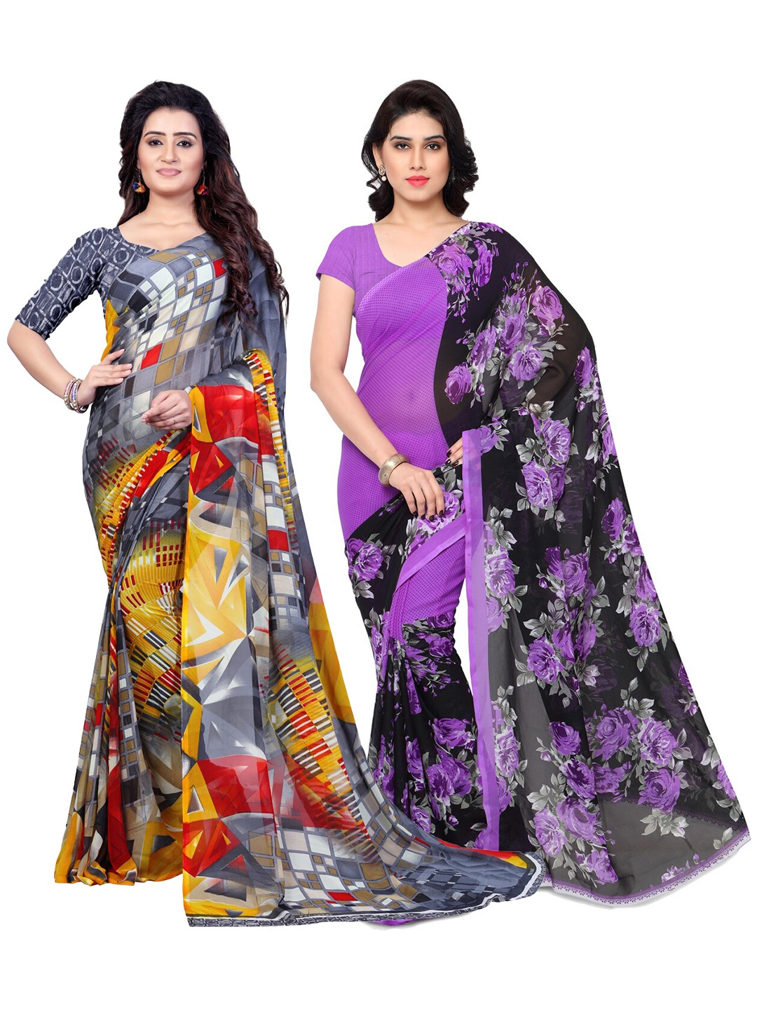 

ANAND SAREES Pack of 2 Poly Georgette Sarees, Grey
