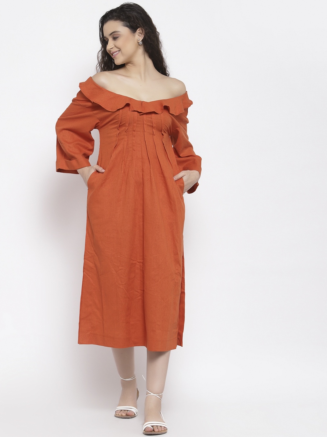 

iki chic Orange Off-Shoulder A-Line Midi Dress