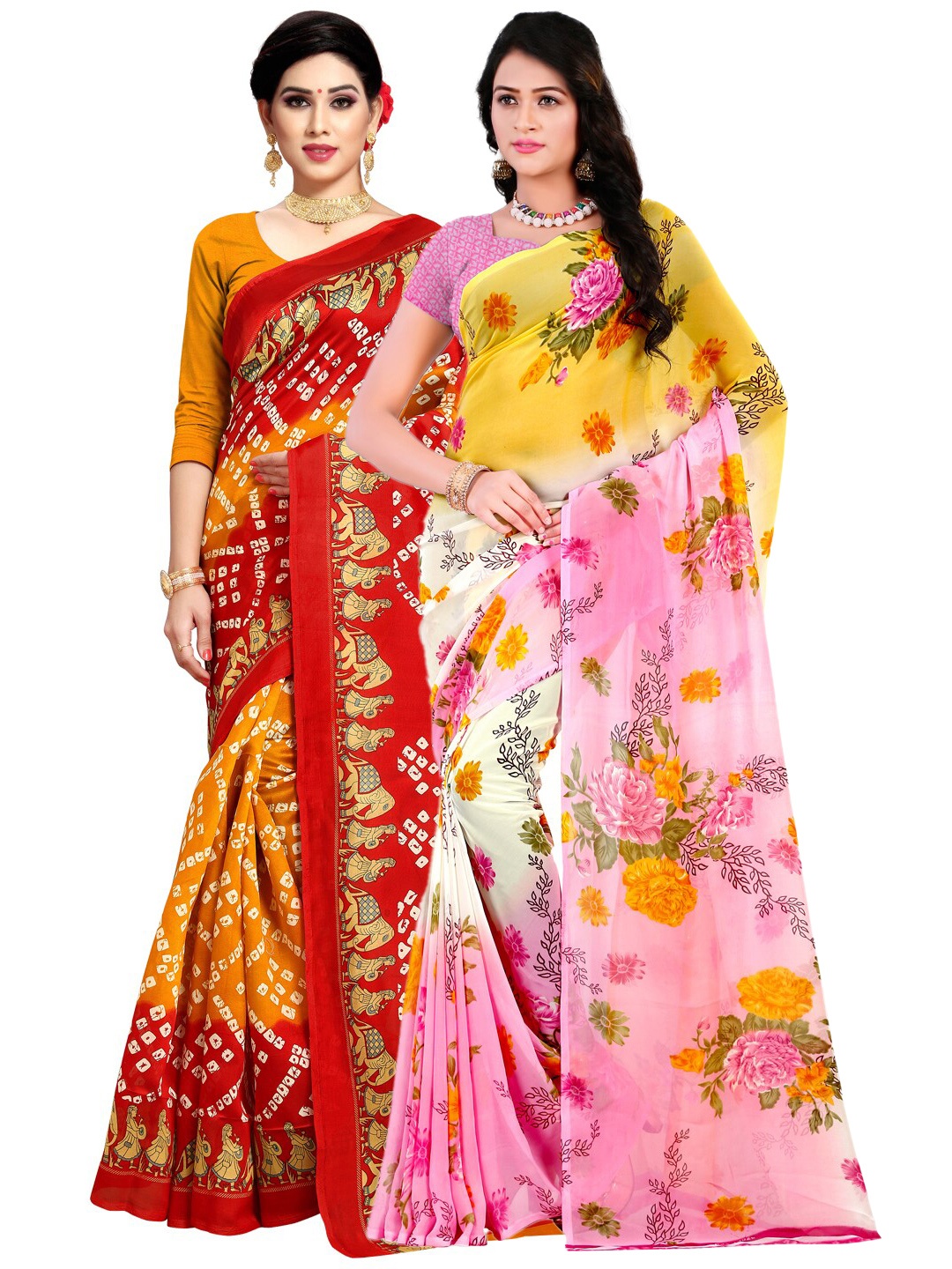 

KALINI Pack Of 2 Yellow & Pink Ethnic Motifs Sarees