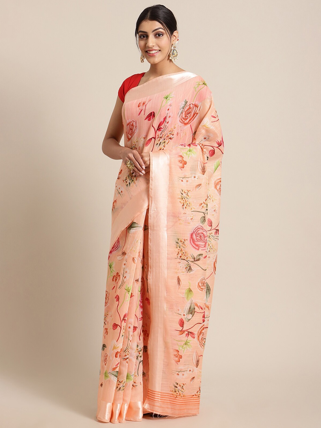 

KSUT Peach & Red Floral Printed Linen Blend Saree