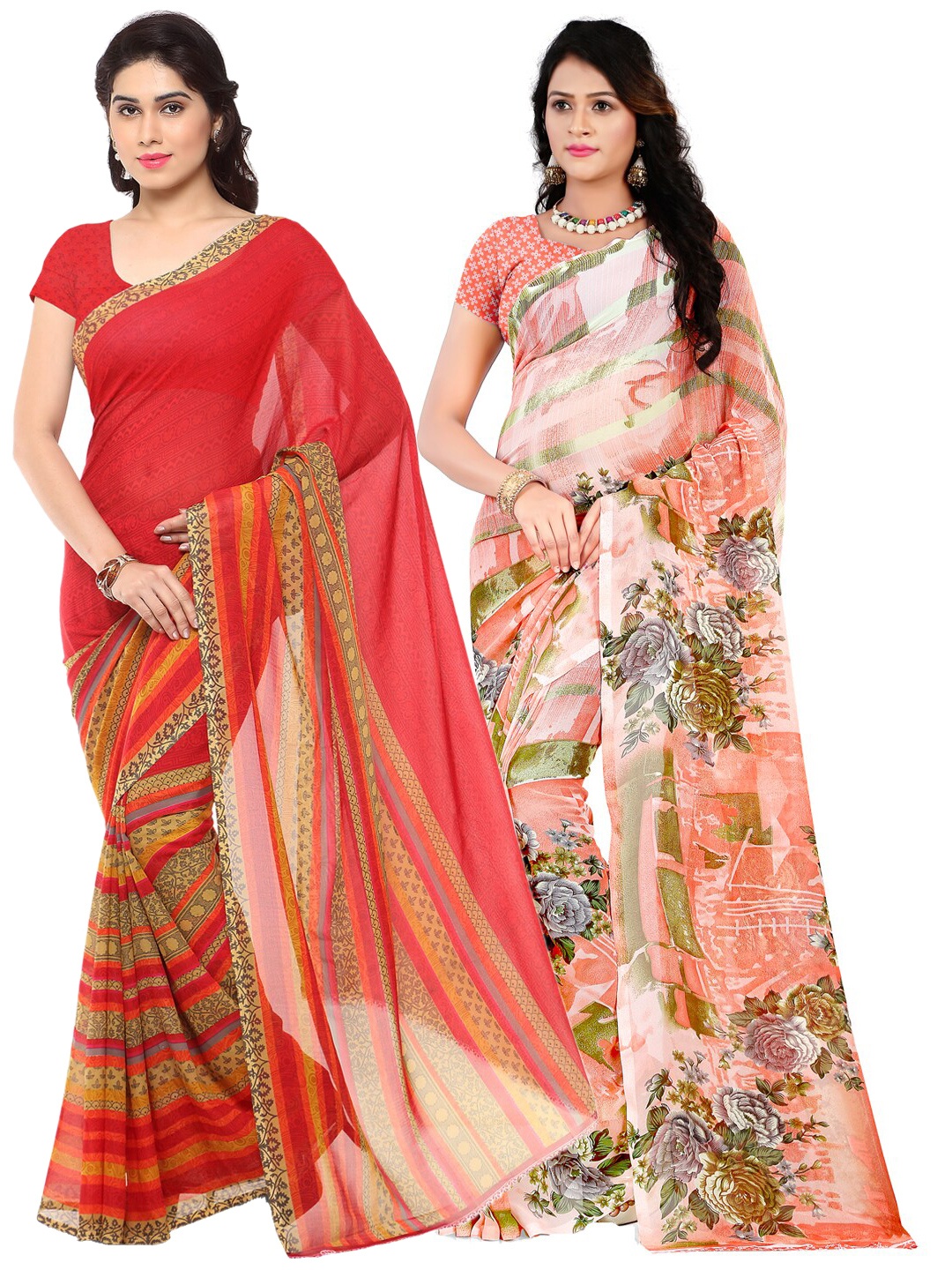 

ANAND SAREES Pack Of 2 Peach & Red Printed Saree