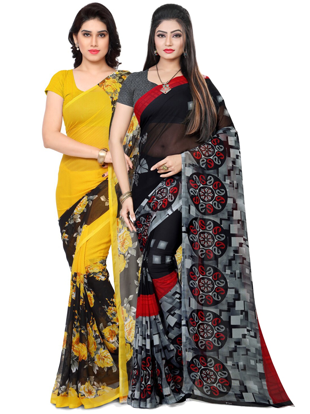 

ANAND SAREES Yellow & Black Set of 2 Poly Georgette Saree