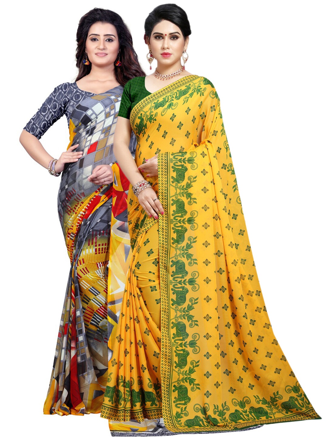 

ANAND SAREES Grey & Yellow Pack of 2 Printed Sarees