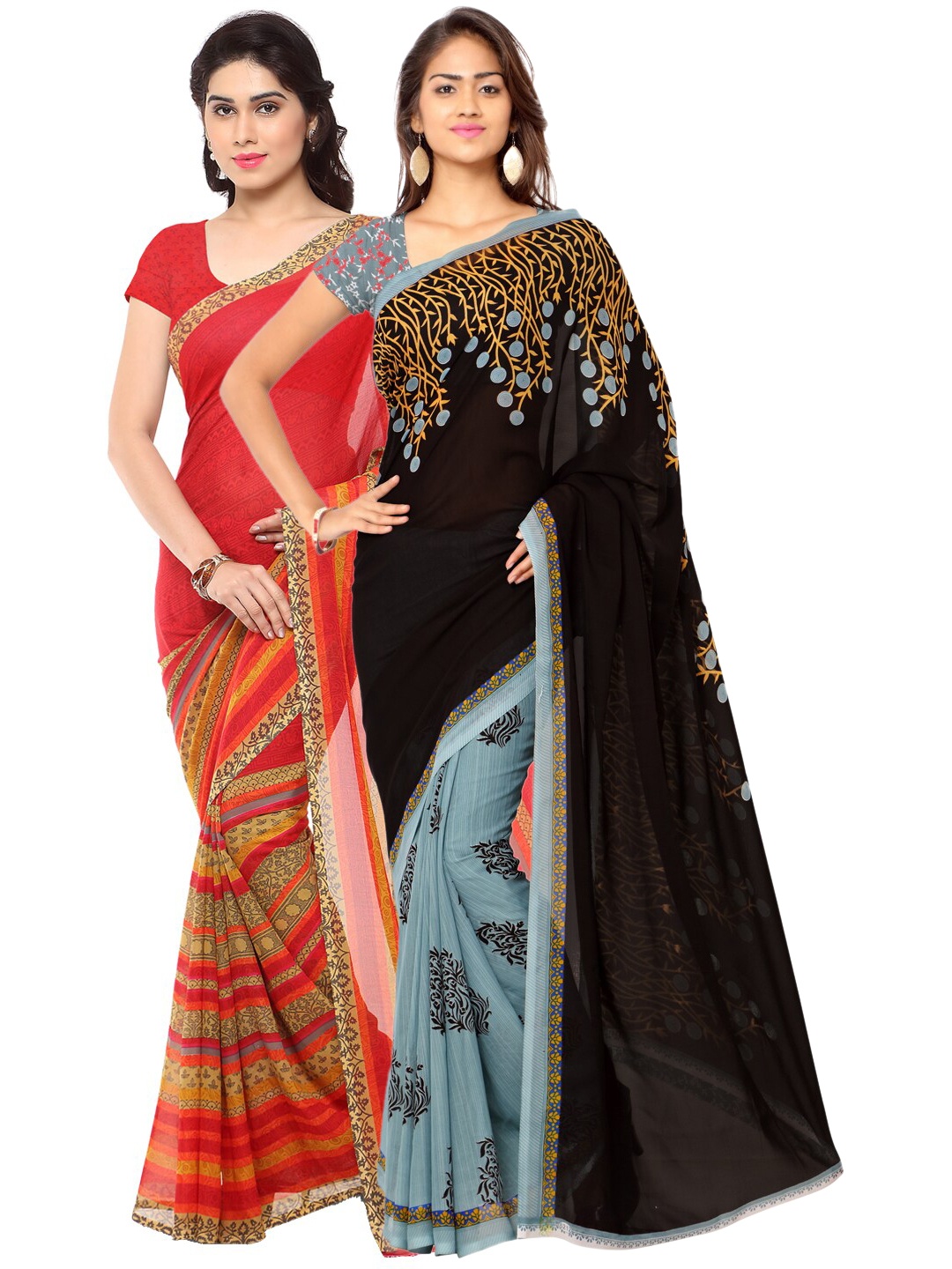 

ANAND SAREES Pack of 2 Grey & Red Floral Poly Georgette Saree