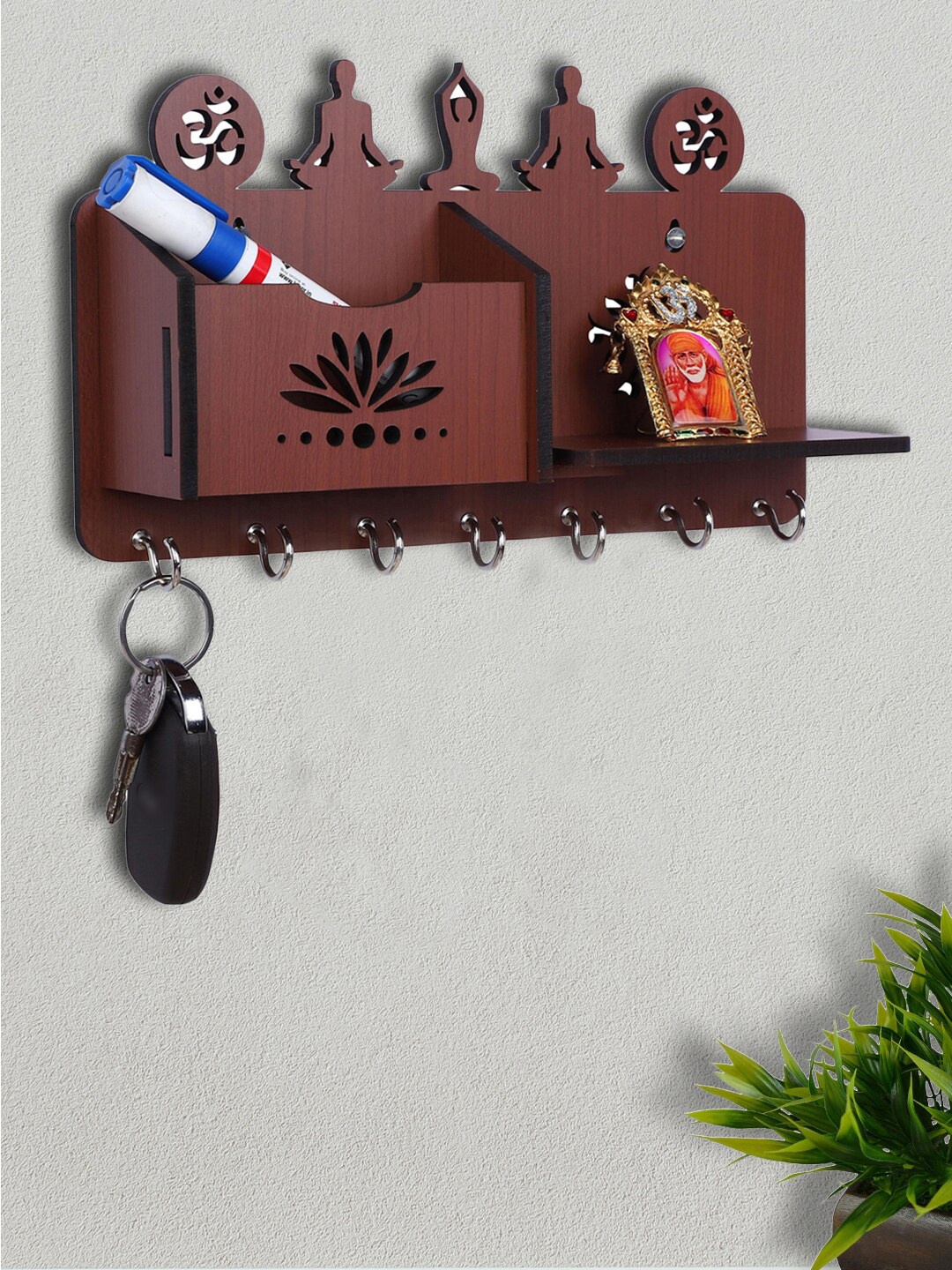 

ROMEE Brown Solid Wooden Key Holder With 1 Shelf & 1 Mobile Stand Holder
