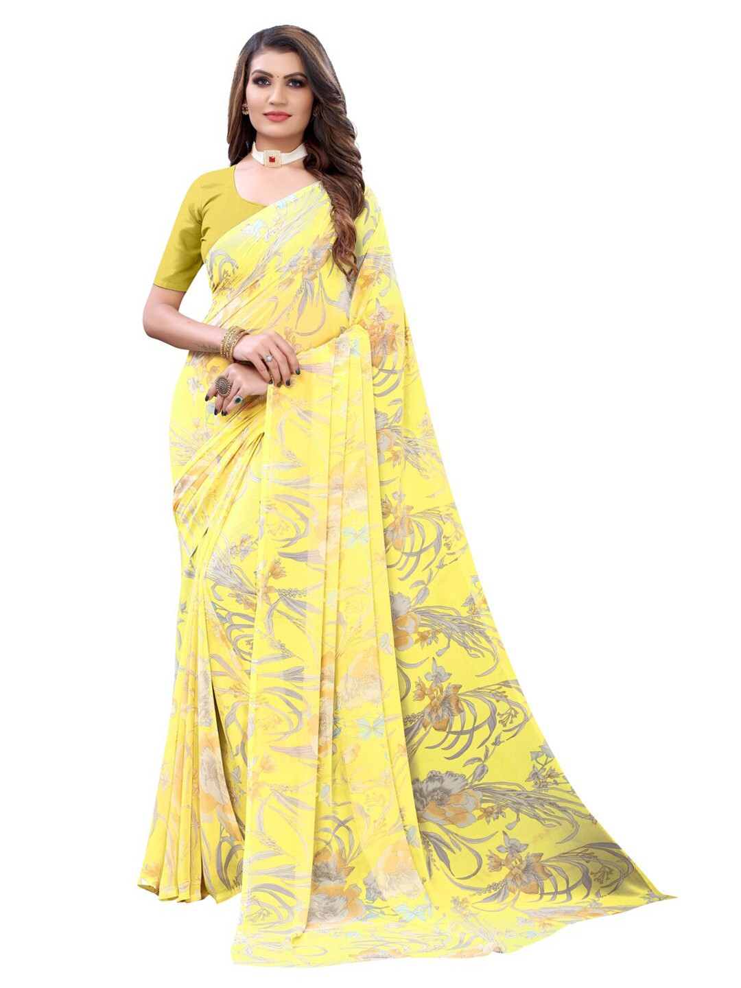 

KALINI Yellow & Grey Floral Pure Georgette Saree