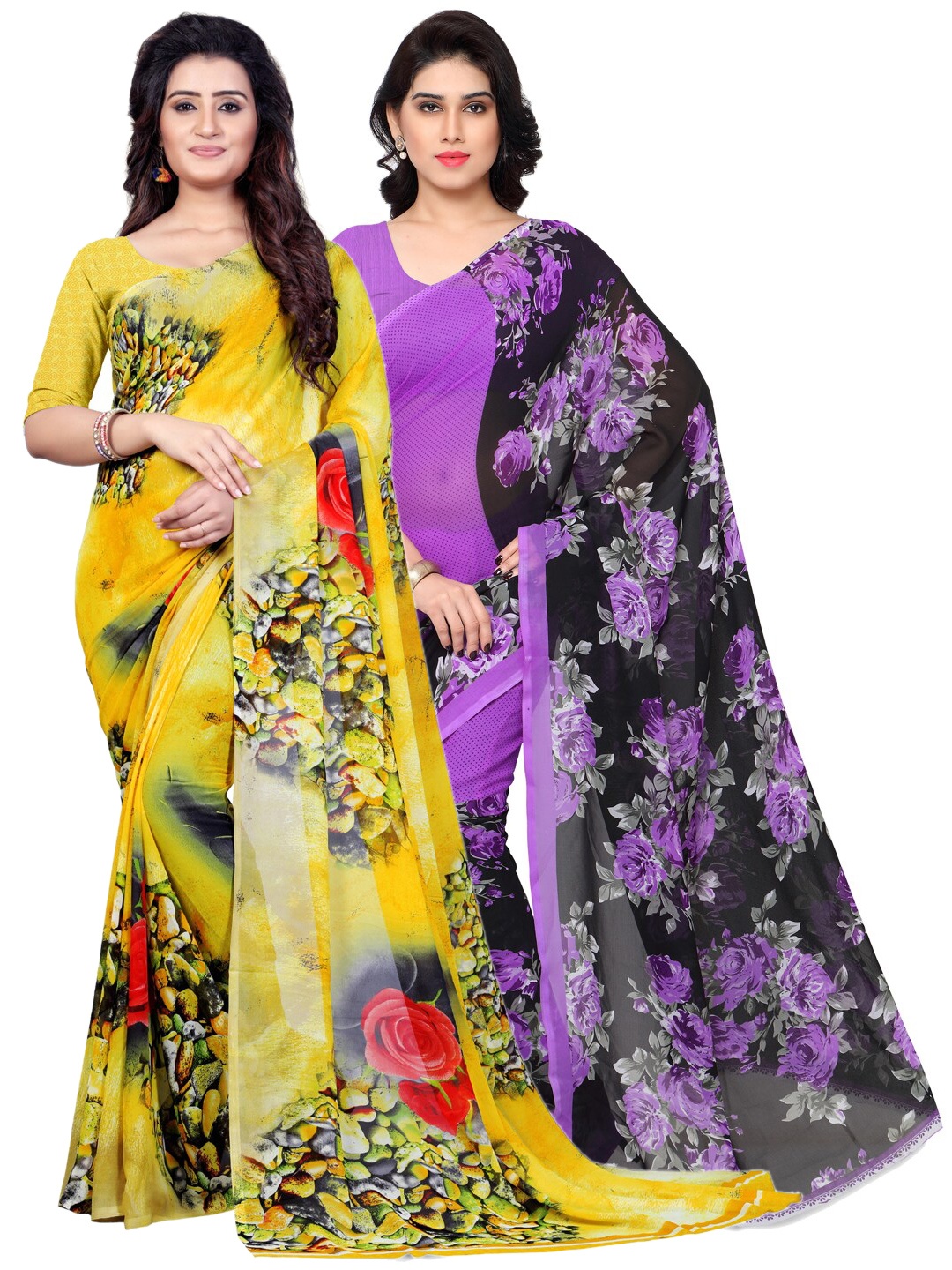 ANAND SAREES Pack of 2 Yellow & Purple Floral Poly Georgette Saree