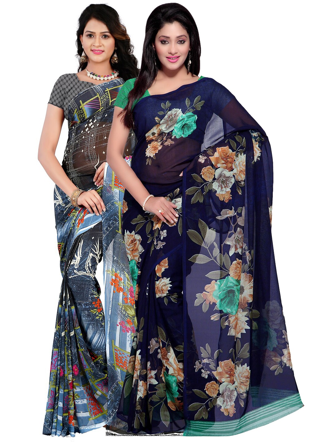 

ANAND SAREES Pack Of 2 Blue & Black Floral Sarees