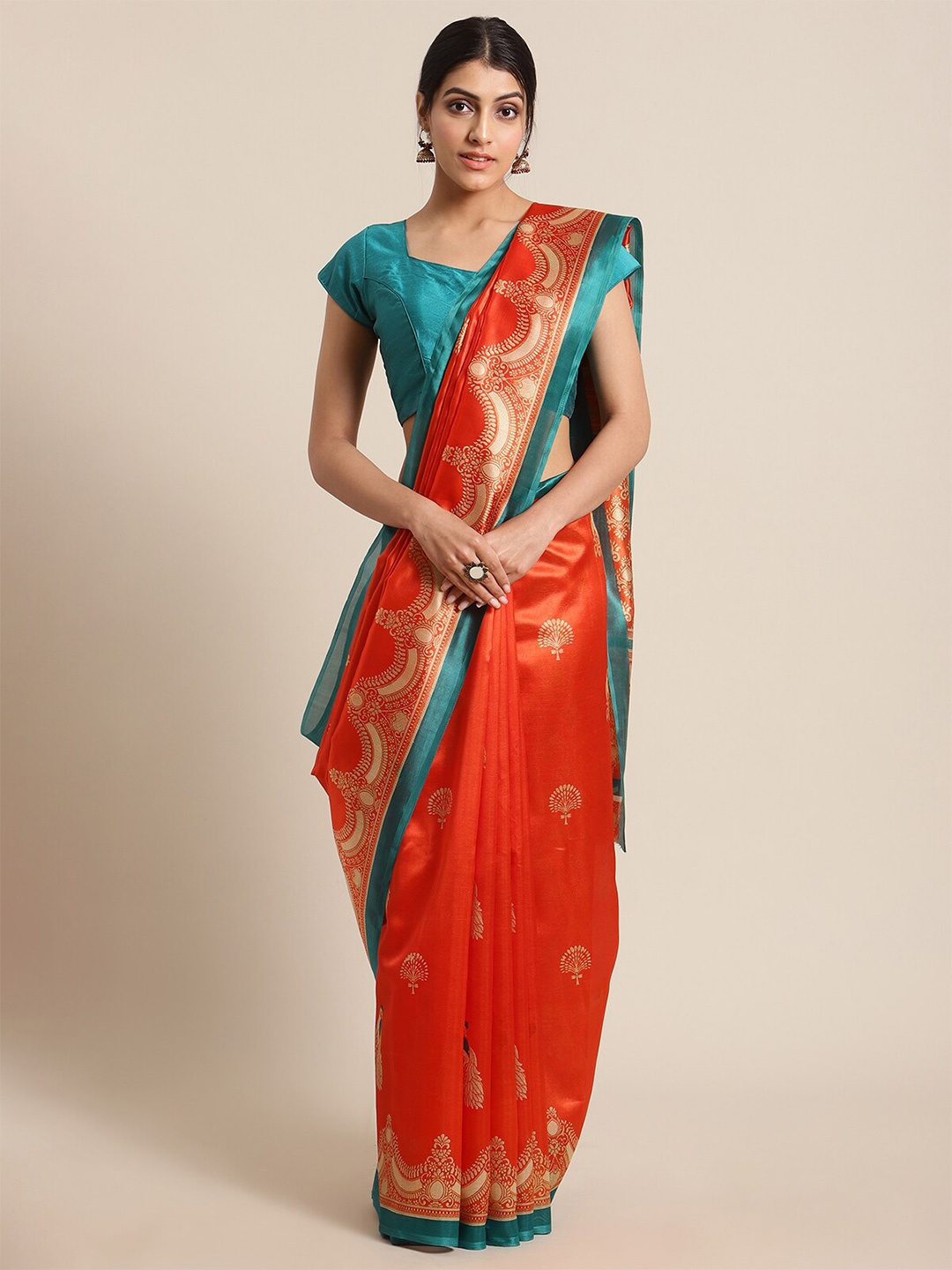 

KSUT Orange & Gold-Toned Woven Design Zari Art Silk Mysore Silk Saree
