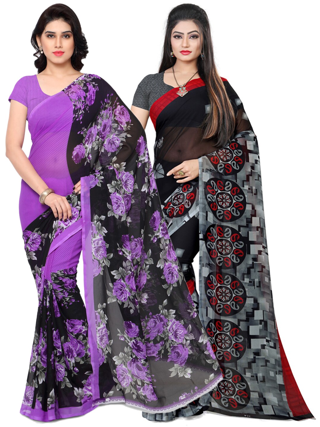 ANAND SAREES Pack of 2 Floral Poly Georgette Saree, Purple