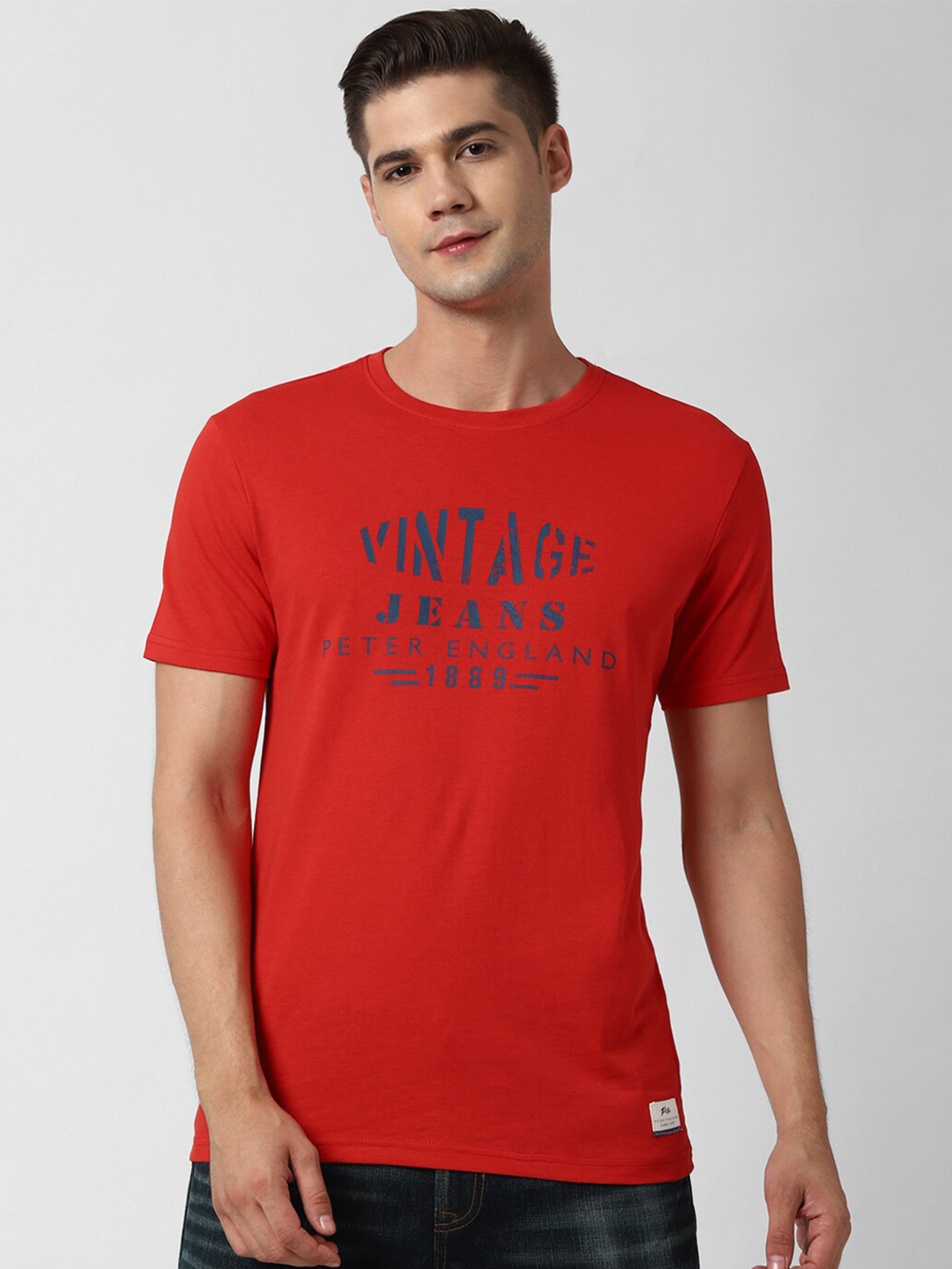 Peter England Casuals Men Red Typography Printed Slim Fit T-shirt