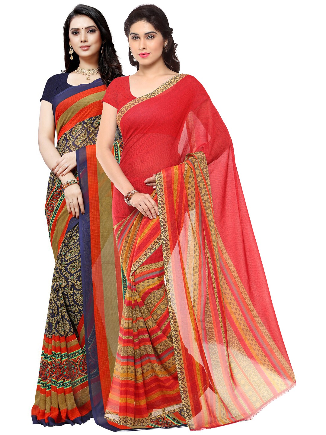 

ANAND SAREES Pack Of 2 Navy Blue & Red Ethnic Motifs Sarees