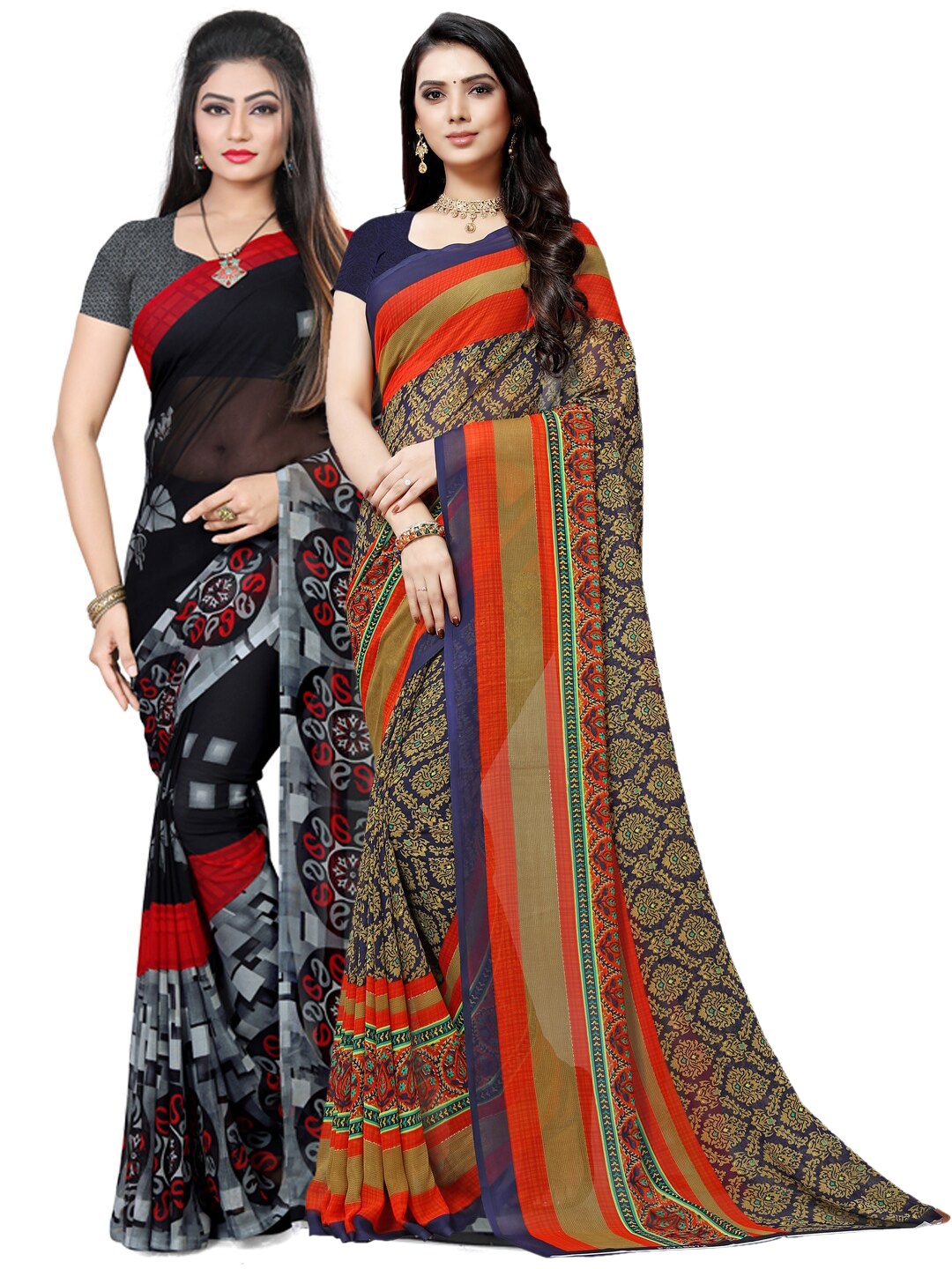 

ANAND SAREES Pack Of 2 Blue & Orange Ethnic Motifs Sarees