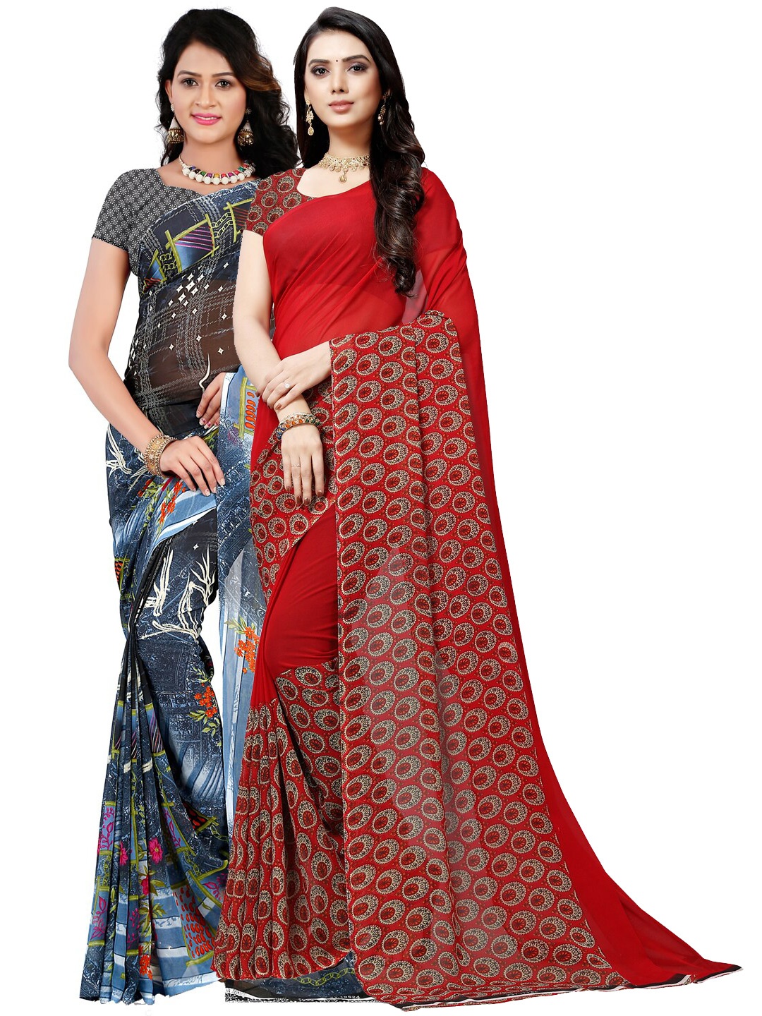 ANAND SAREES Blue & Red Pack of 2 Printed Sarees
