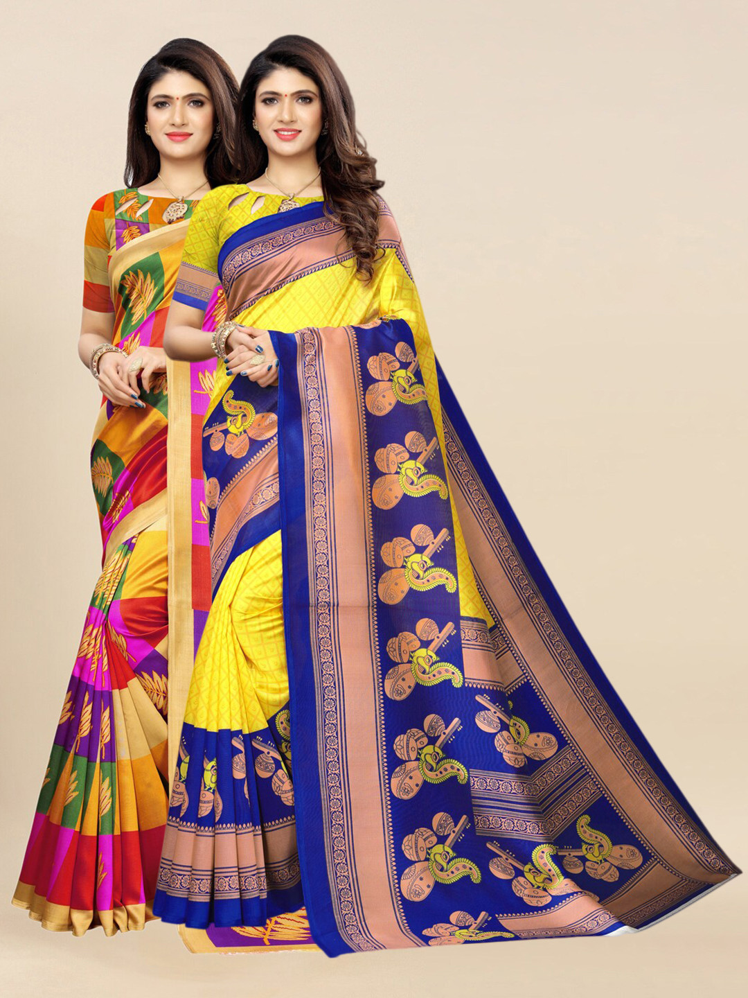 

KALINI Yellow & Blue Pack of 2 Ethnic Motifs Poly Silk Saree