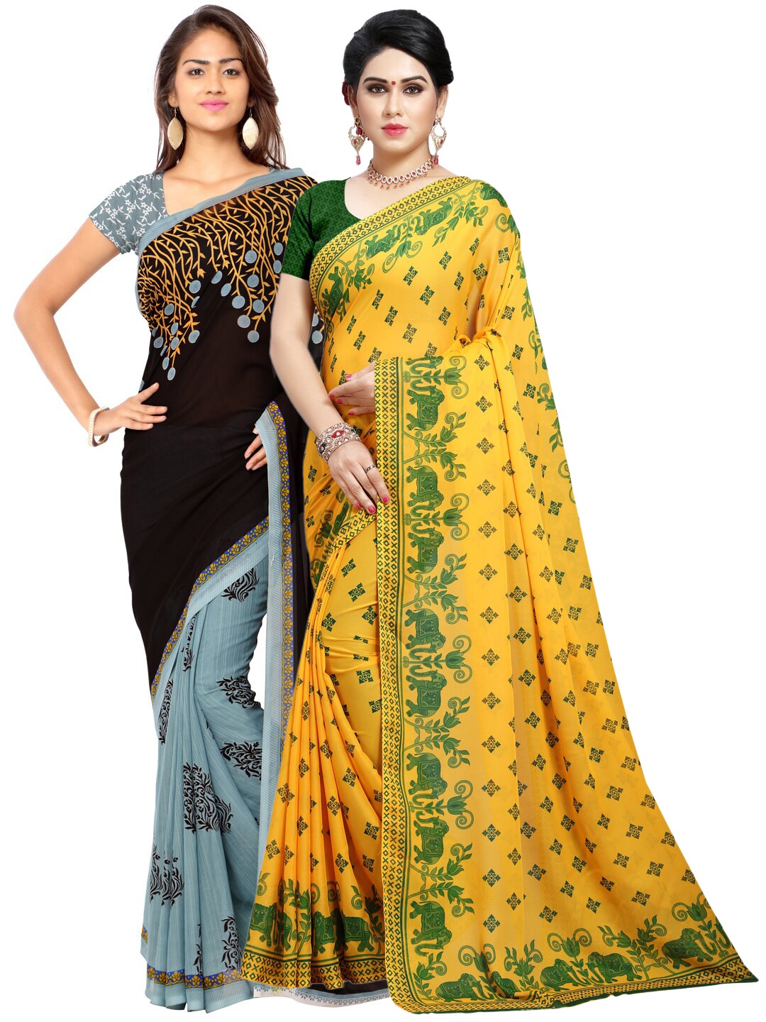

ANAND SAREES Yellow & Black Set of 2 Poly Georgette Saree
