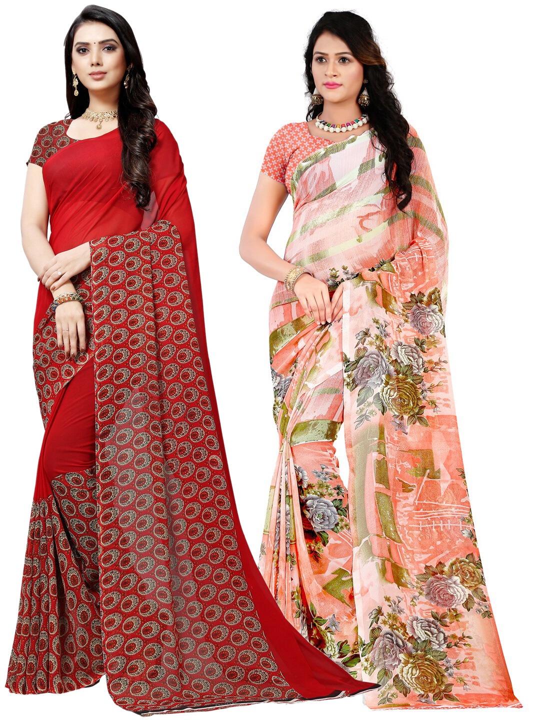 

ANAND SAREES Pack Of 2 Peach-Coloured & Red Floral Sarees