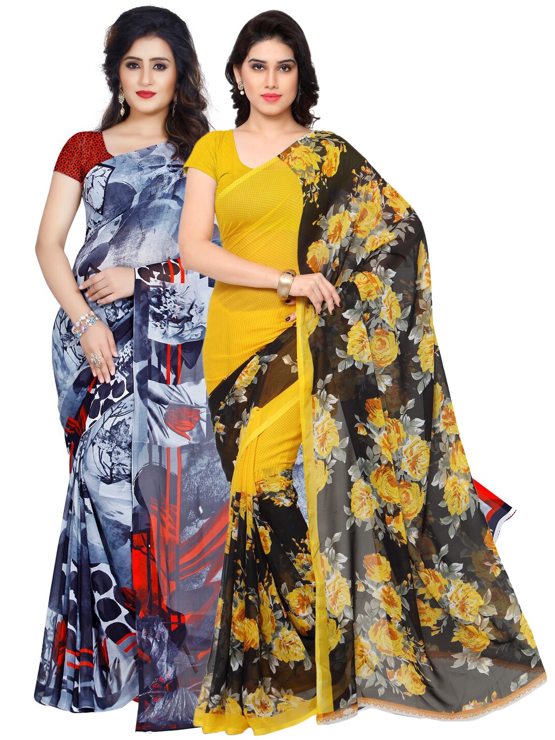 ANAND SAREES Pack Of 2 Navy Blue & Yellow Floral Poly Georgette Saree