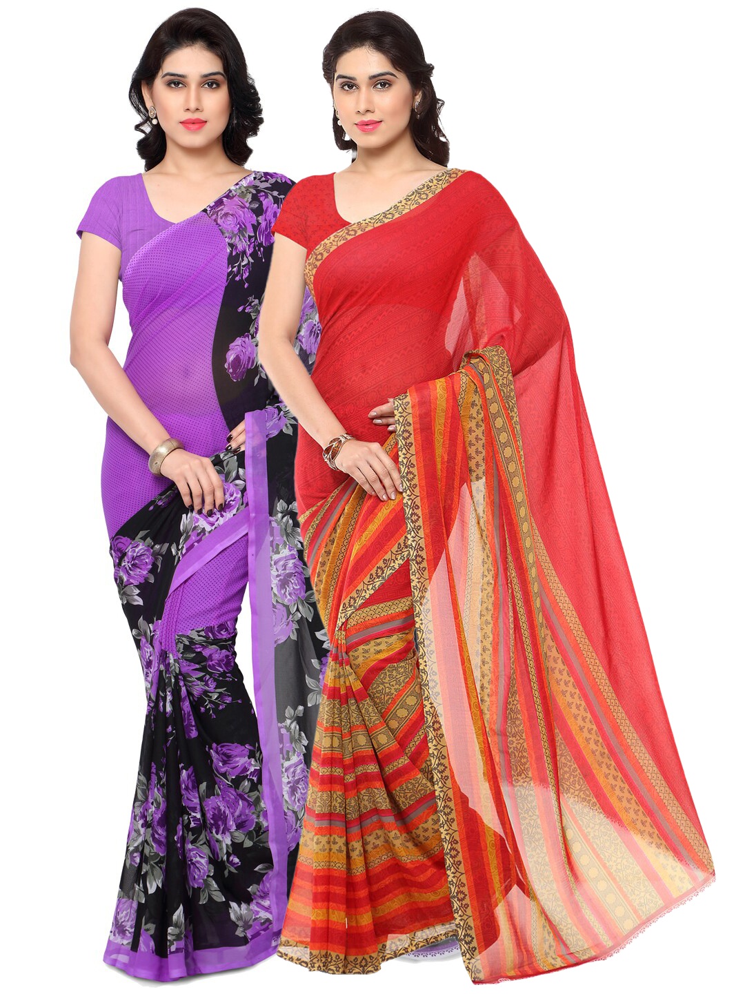 

ANAND SAREES Pack Of 2 Red & Violet Floral Sarees