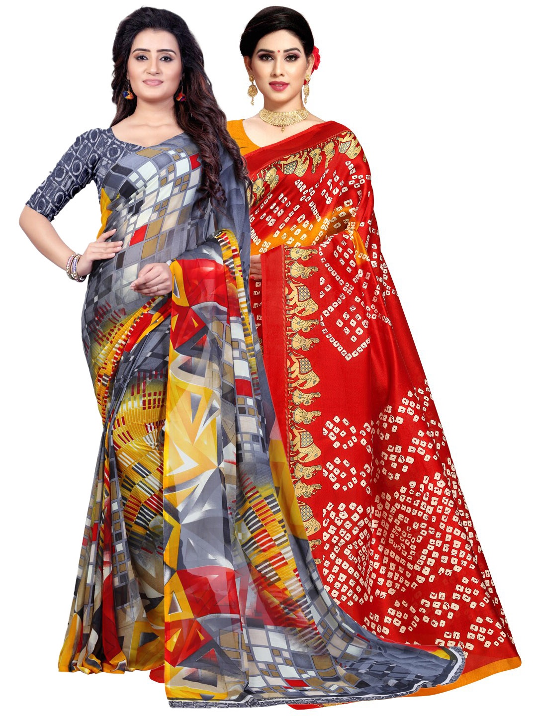 

KALINI Women Pack Of 2 Grey & Red Printed Sarees
