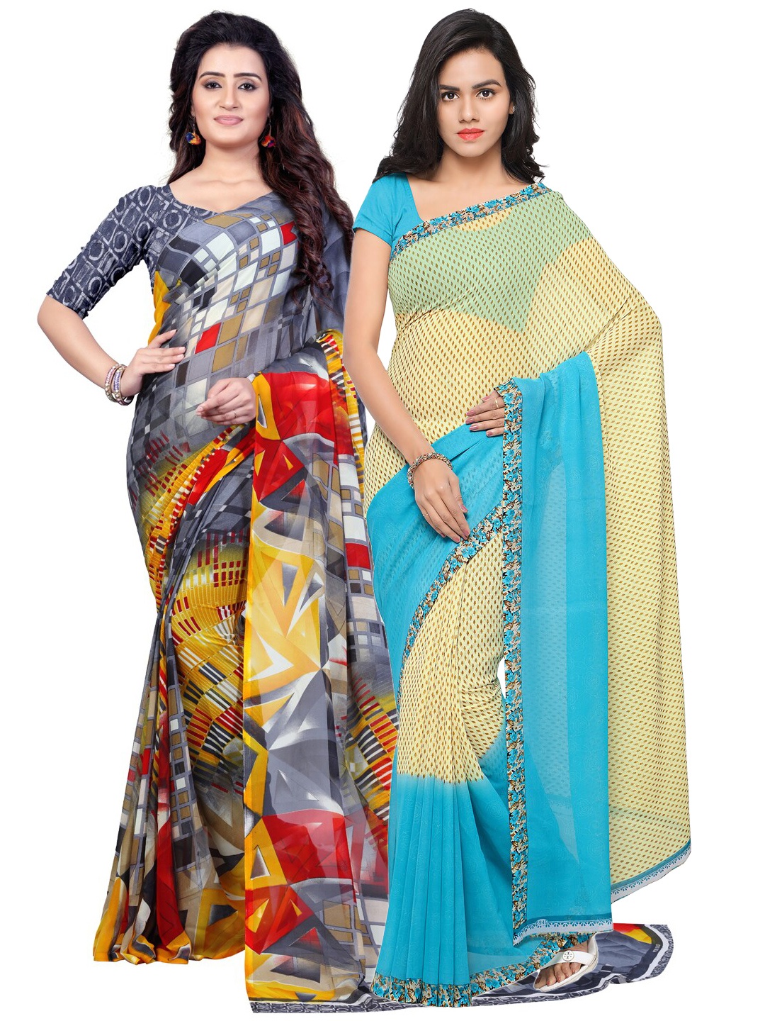 

ANAND SAREES Pack of 2 Women Grey & Blue Printed Poly Georgette Saree