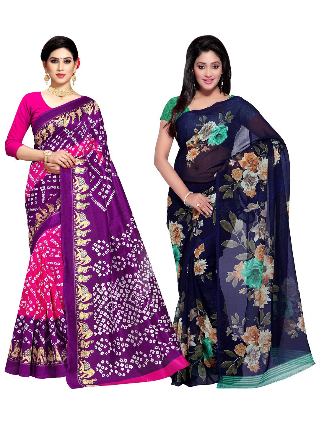 

KALINI Pack Of 2 Purple & Pink Floral Poly Georgette Saree