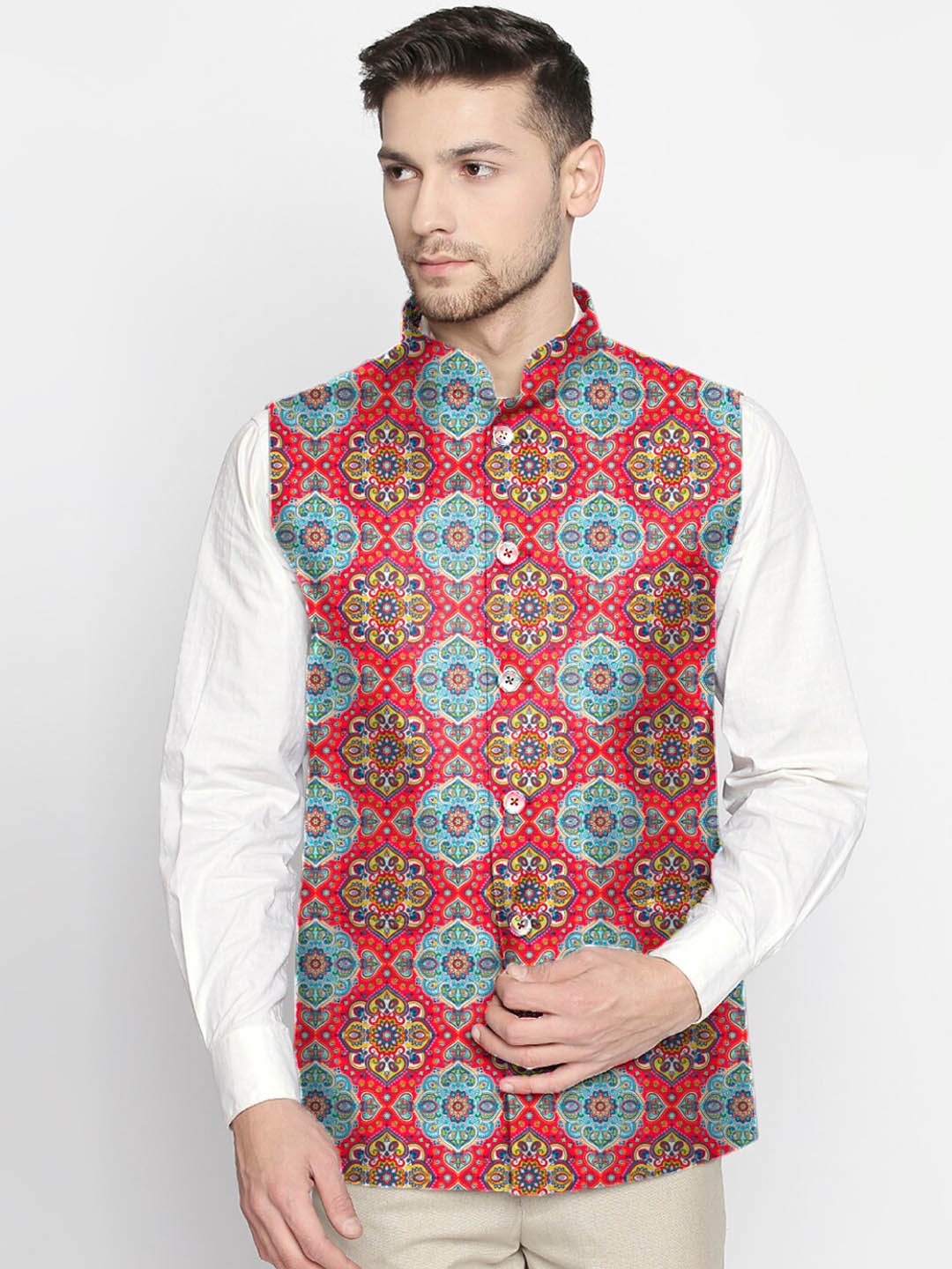 

Blacksmith Men Red & Blue Tomato Paisley Printed Satin Nehru Jacket