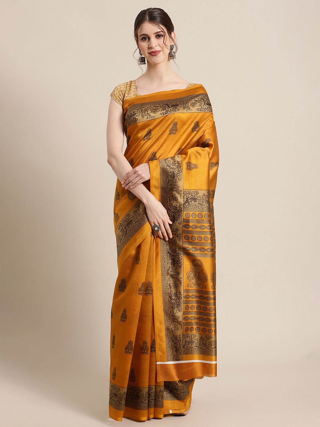 

KSUT Mustard Yellow & Black Ethnic Motifs Art Silk Saree