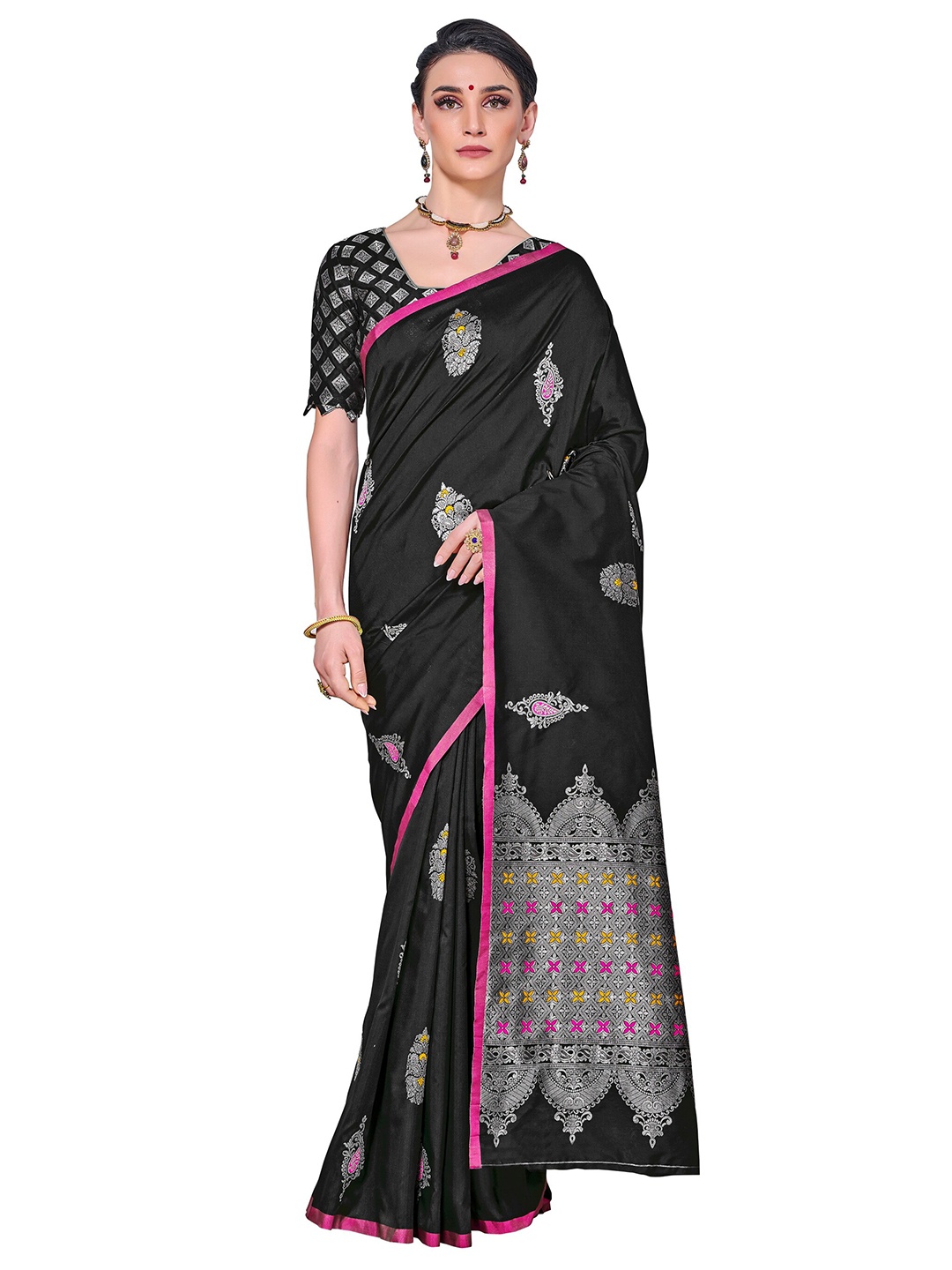 

SARIYA Black & Silver-Toned Woven Design Silk Blend Banarasi Saree