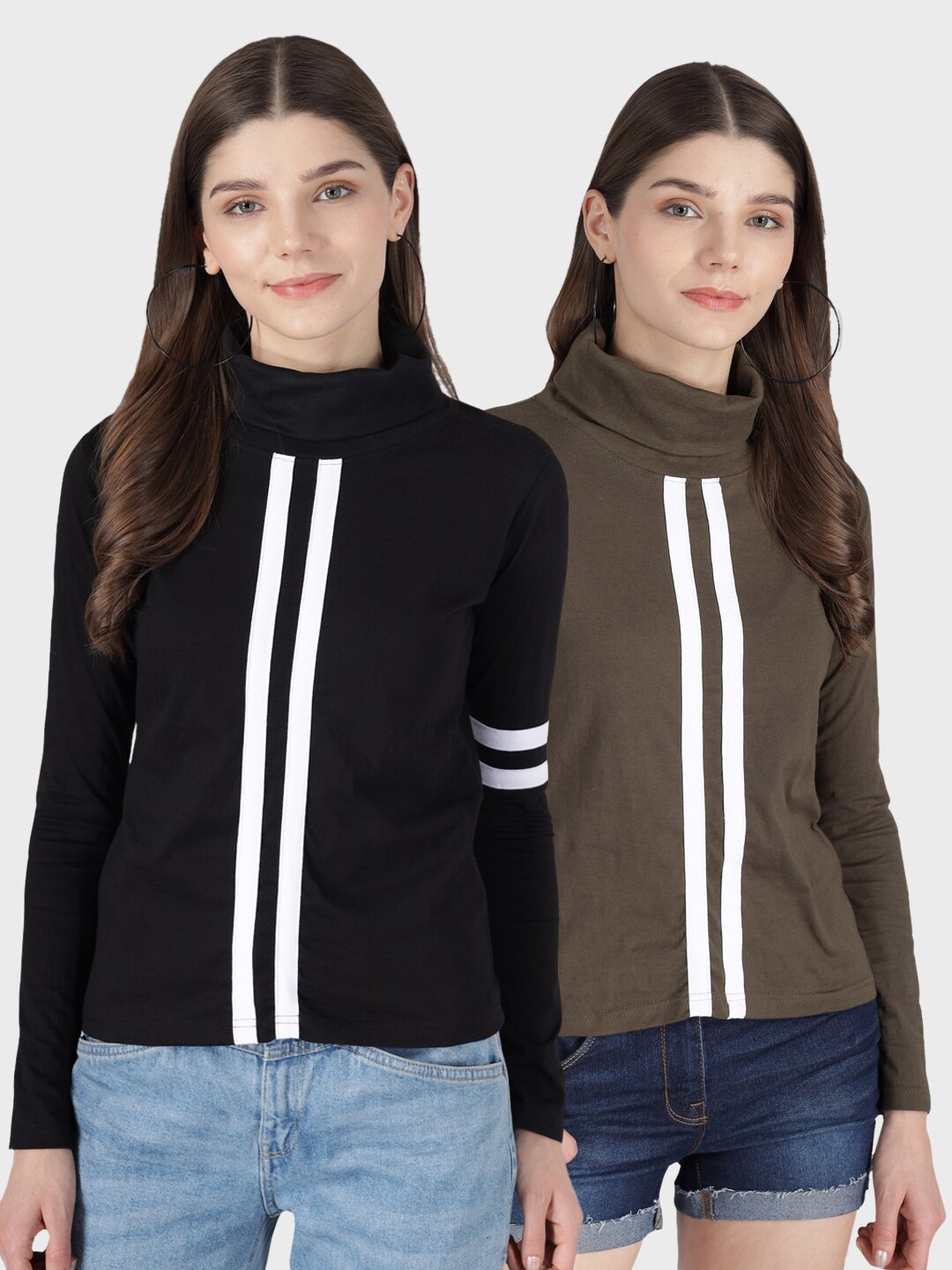 

The Dry State Women Pack of 2 Black & Brown Turtle Neck Full Sleeve Cotton T-shirt