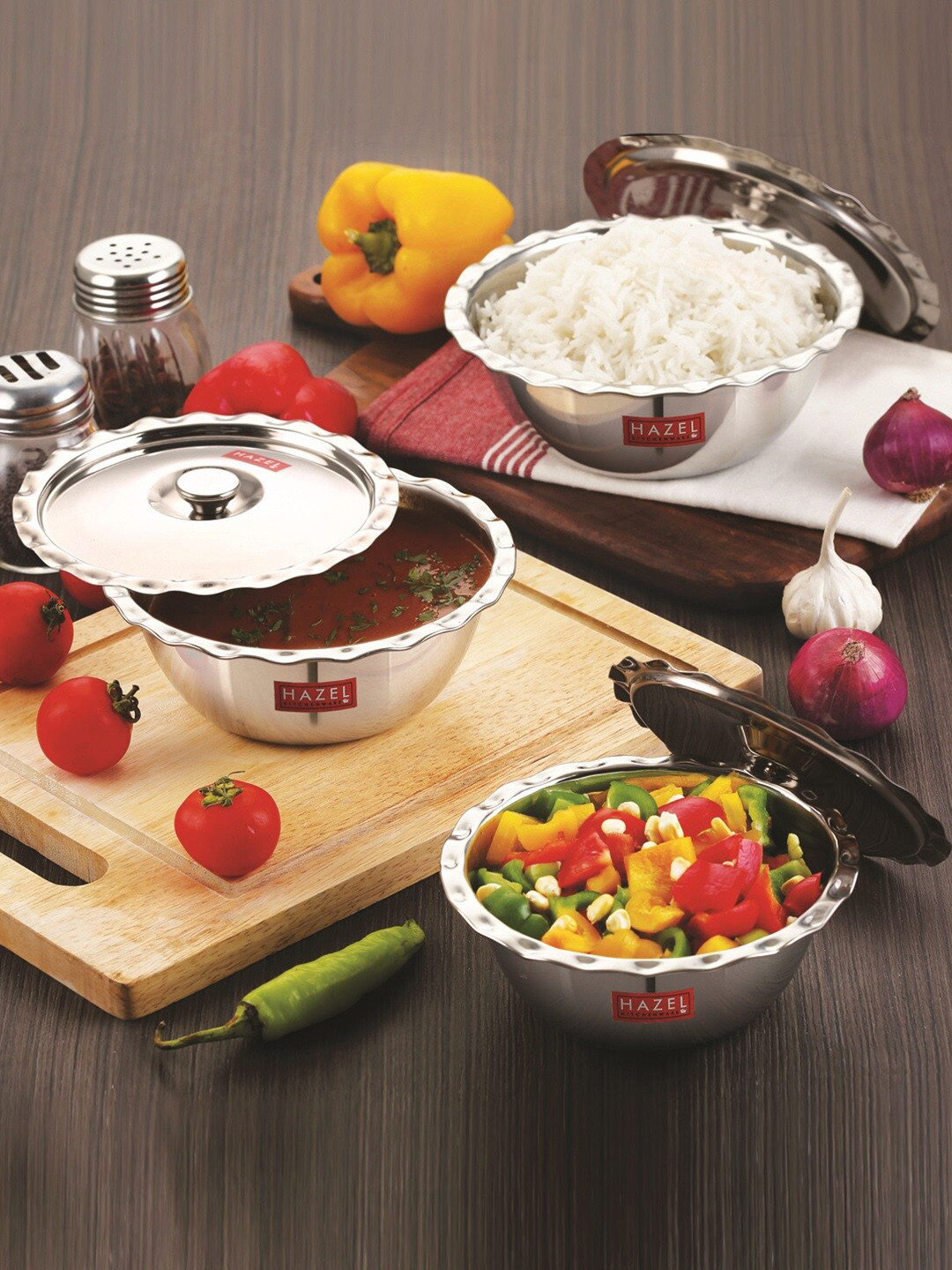 

HAZEL Set Of 3 Silver-Toned Solid Stainless Steel Serving Bowls Vati Katoris & Lids