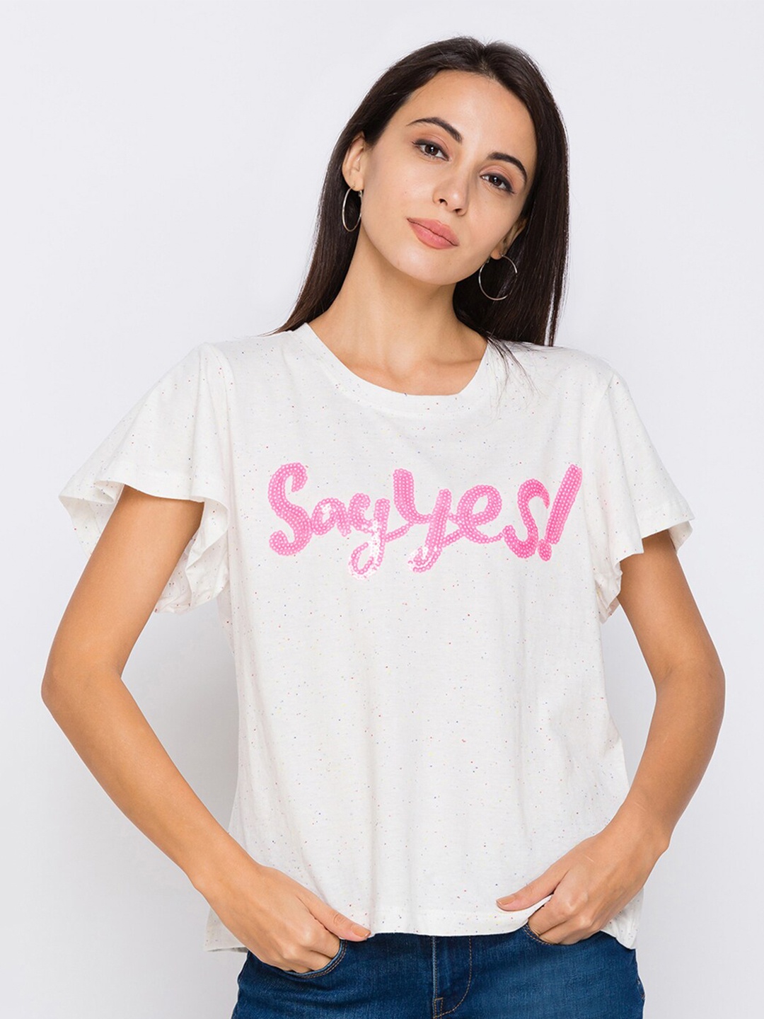 

Globus Women White Typography Printed Applique T shirt