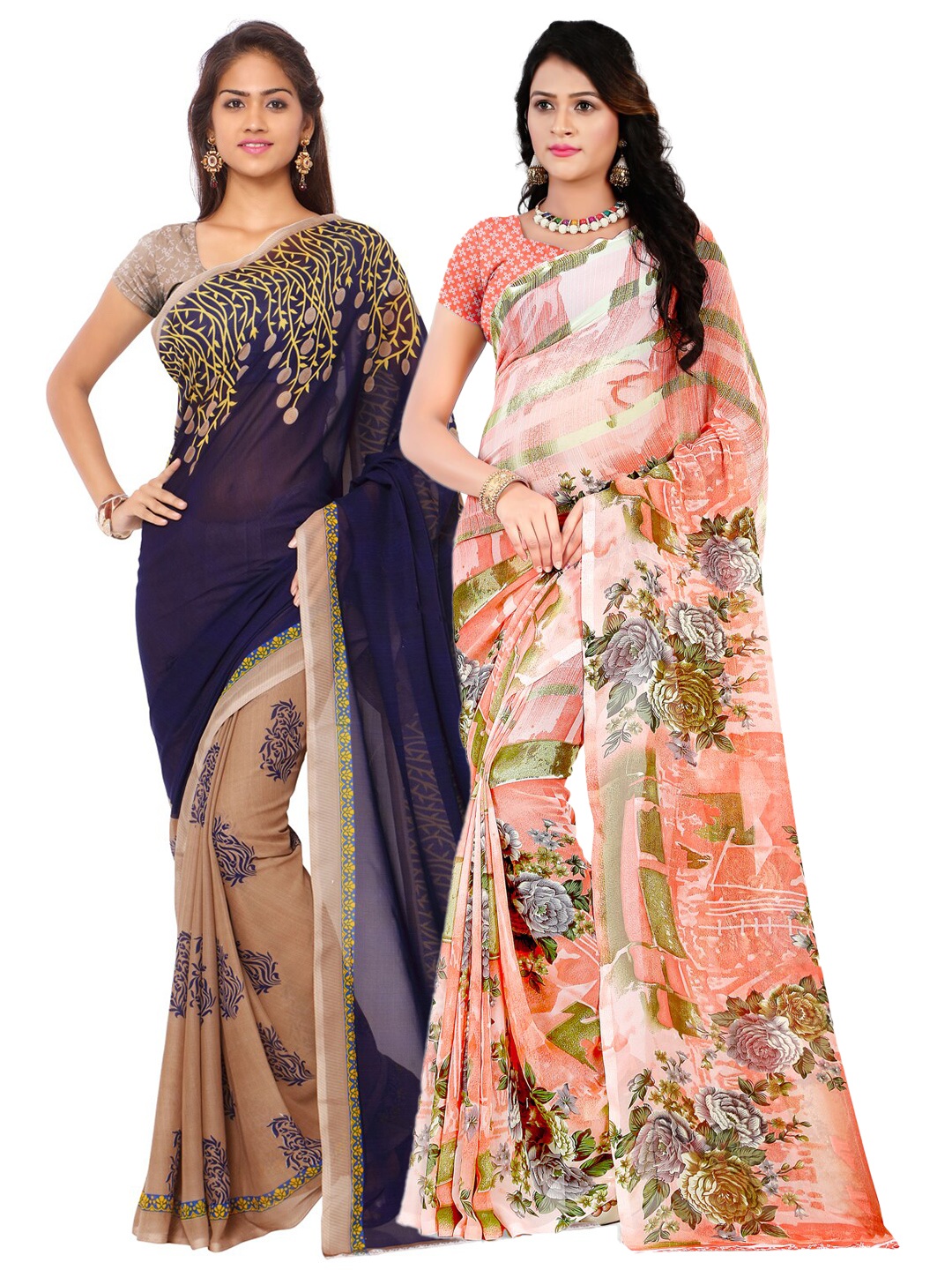 ANAND SAREES Pack of 2 Floral Poly Georgette Saree, Navy blue