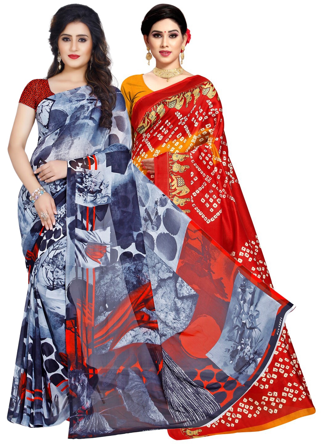 

KALINI Pack of 2 Printed Poly Georgette Saree, Grey