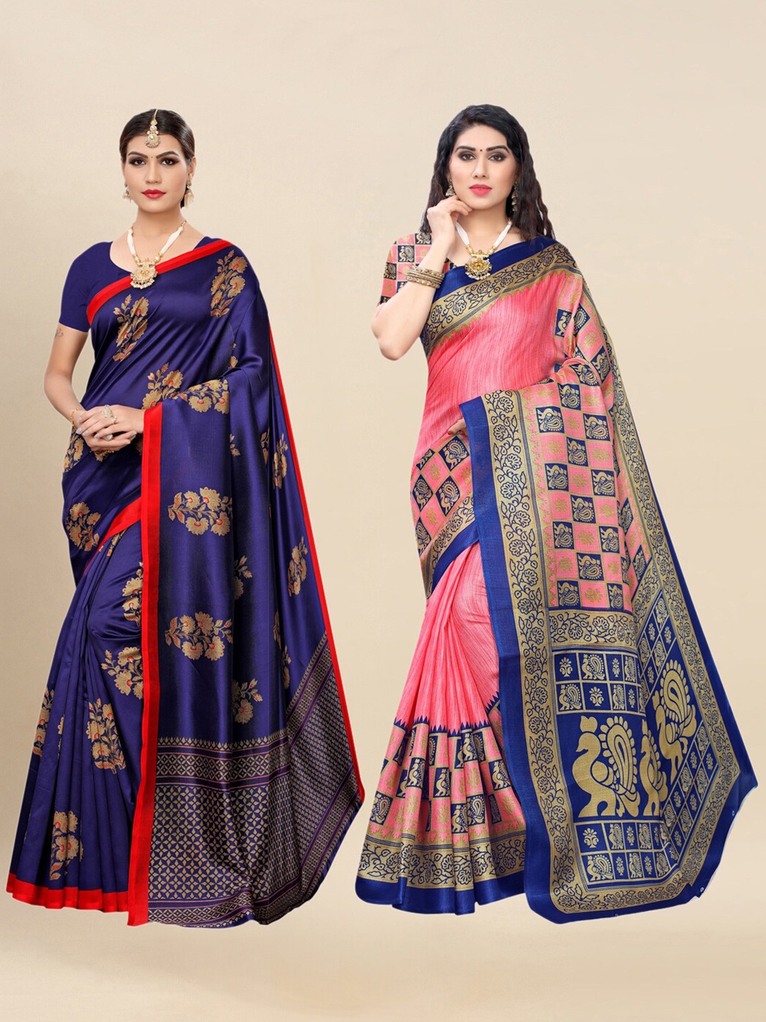 

KALINI Pack Of 2 Navy Blue & Pink Ethnic Motifs Saree