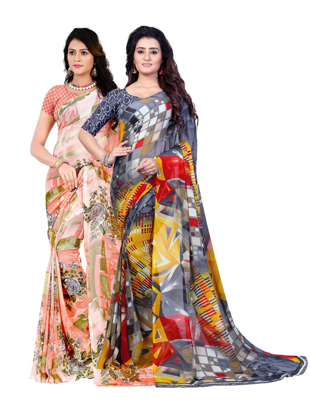

ANAND SAREES Pack of 2 Poly Georgette Sarees, Peach