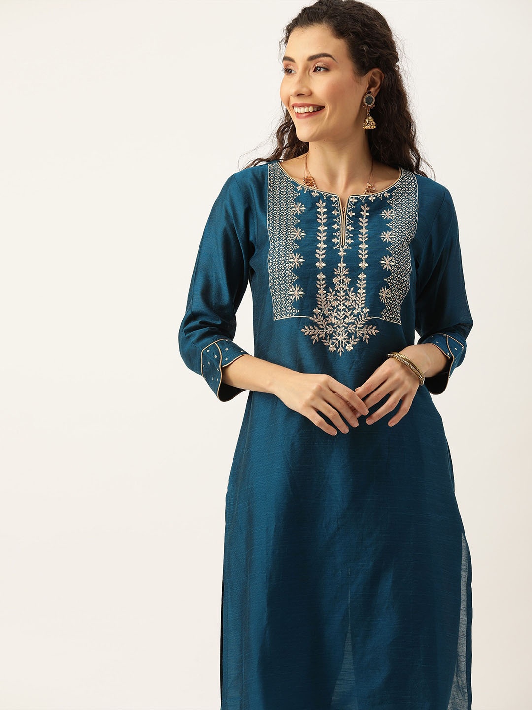 

Varanga Women Teal Green Embroidered Kurta with Trousers