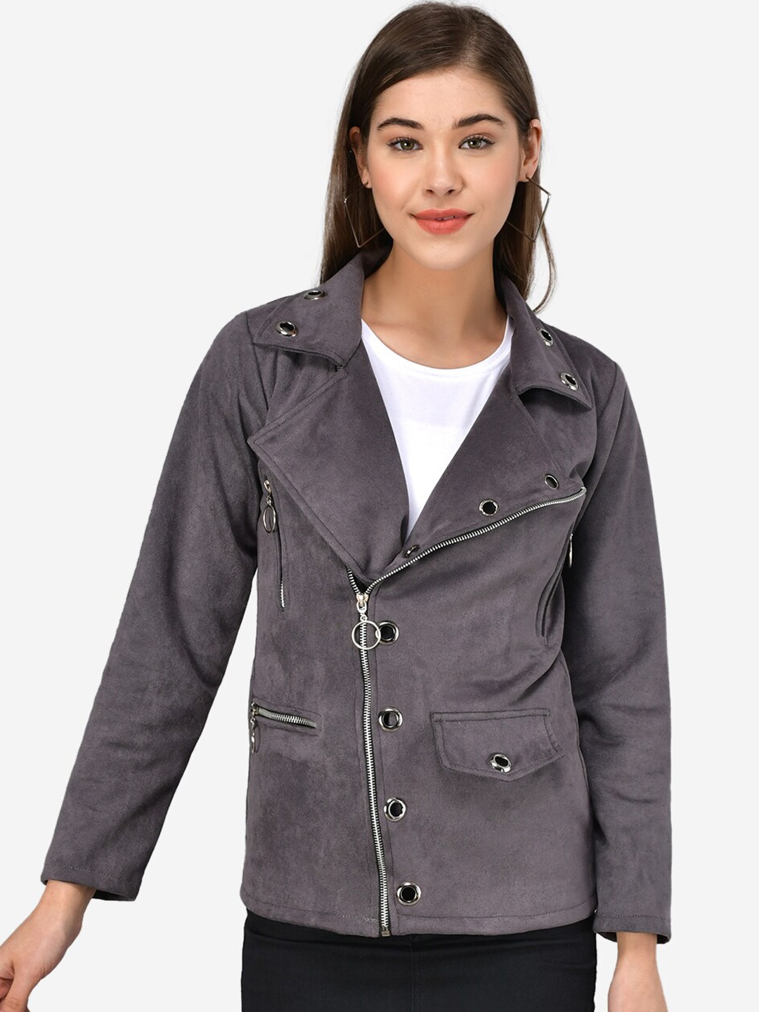 

Darzi Women Grey Striped Longline Tailored Jacket